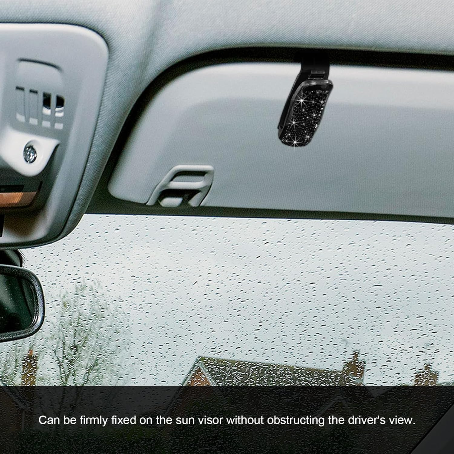 2 PCS Bling Sunglasses Holder for Car Sun Visor, Crystal Rhinestones Eyeglasses Hanger Mount with Ticket Card Clip, Universal Vehicle Visor Decor Accessories for Women (Black)