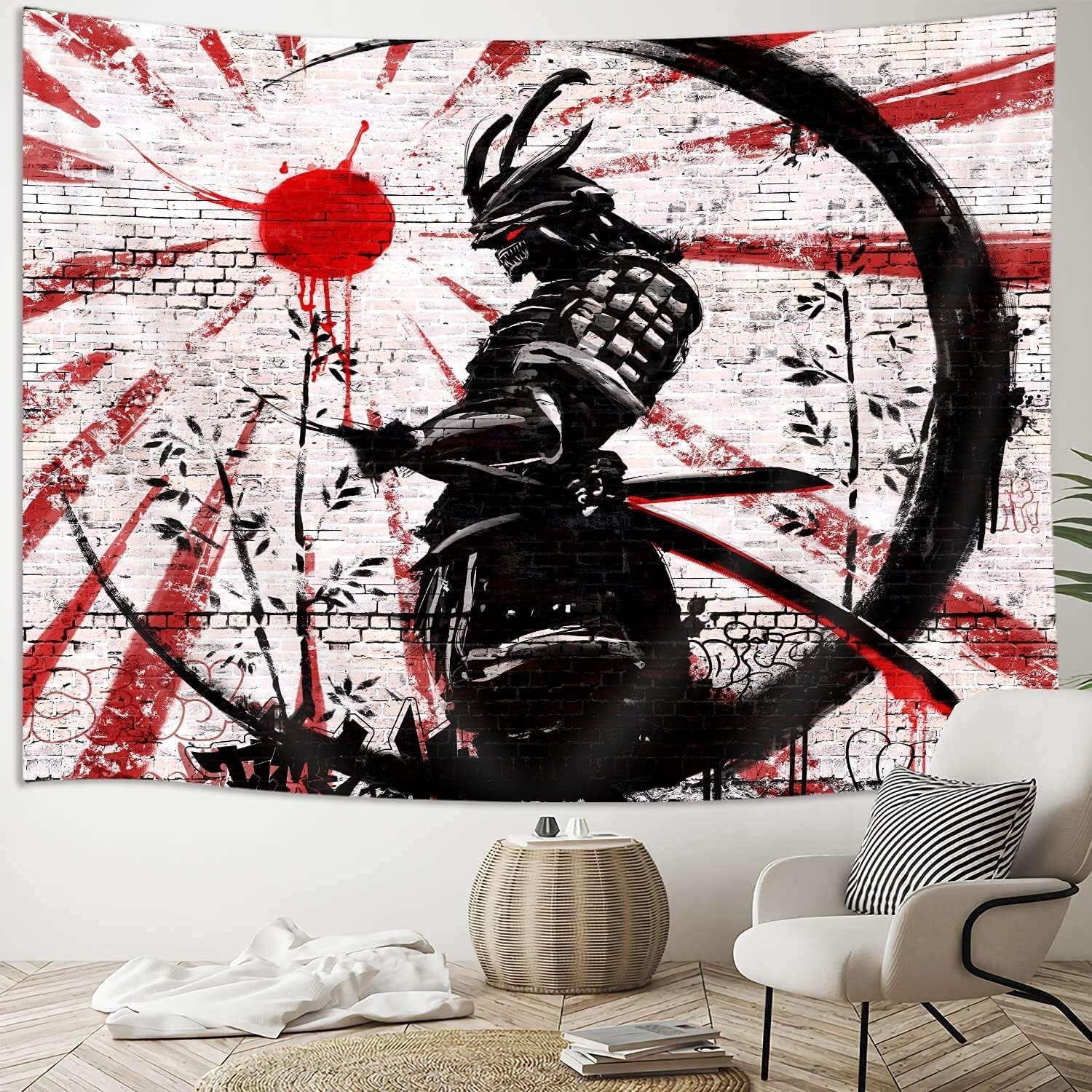 Itapnoom Japanese Samurai Art Decor Tapestry Wall Hanging for Bedroom, Cool Anime Red and Black Sun Moon Poster Wall Art Tapestries for Men, Asian Japan Male Blanket College Decorations (80X60) image number 2