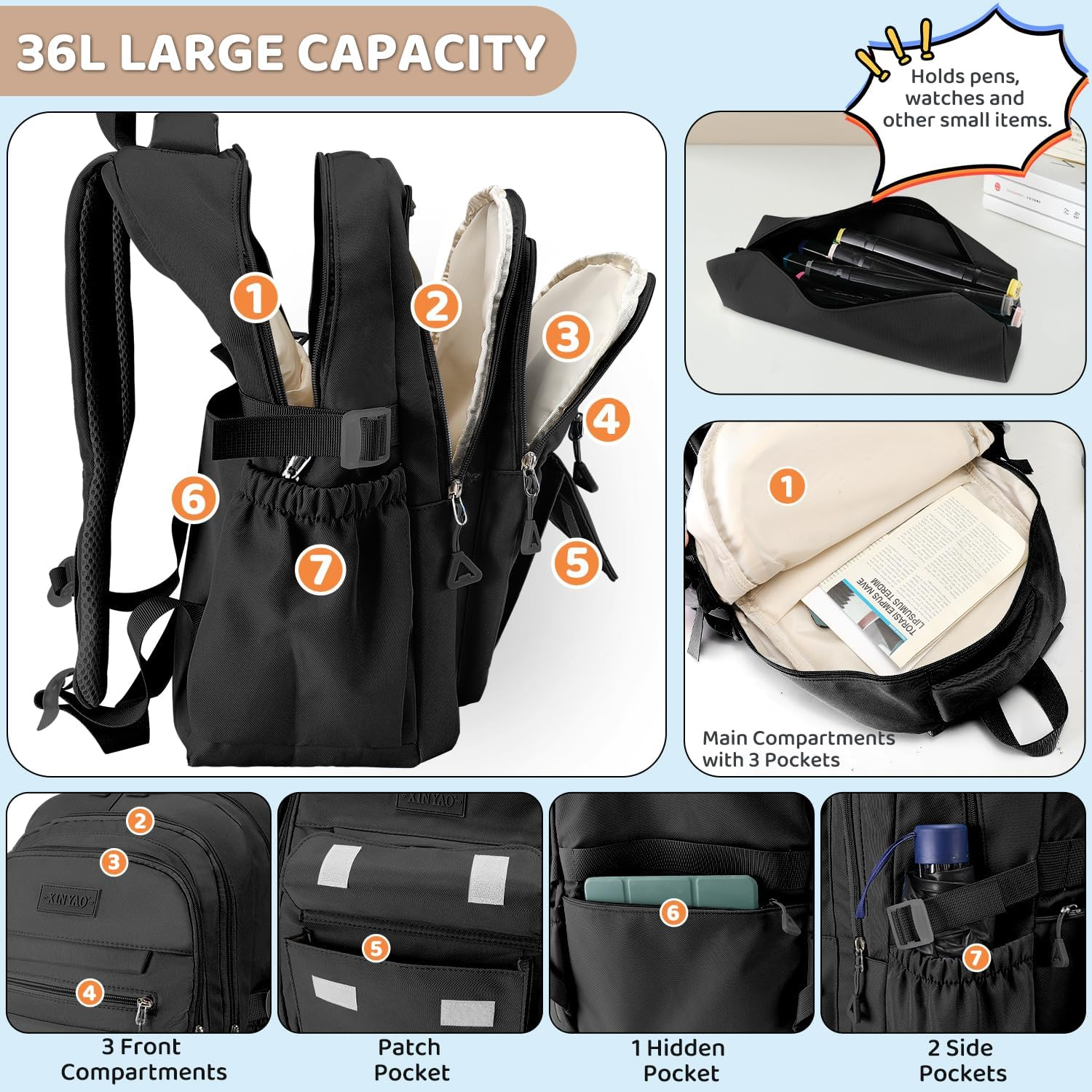 AUTOWT Casual Backpack - 36L Waterproof Casual Daypack with Handbag for Boys Girls College Teens - Travel Laptop Backpacks for Men Women