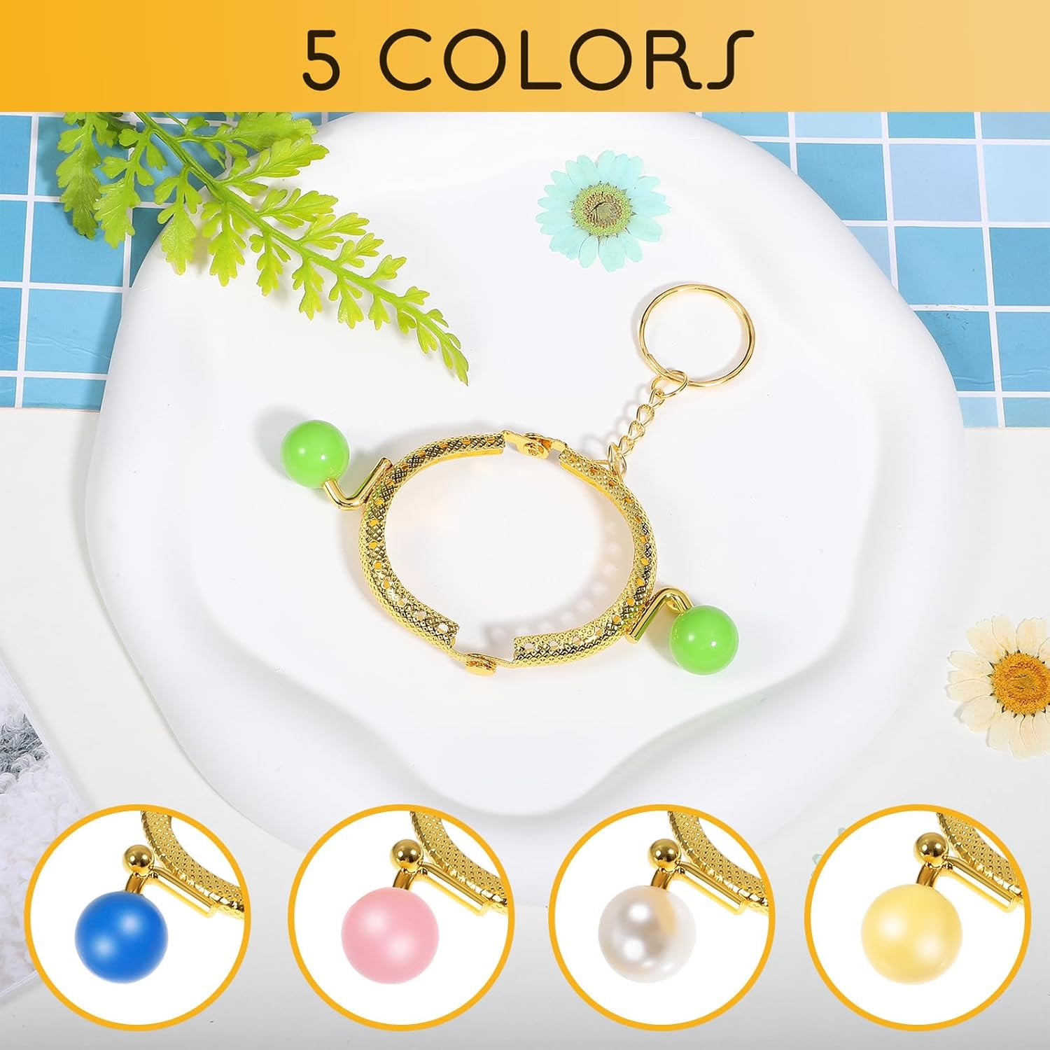 KALLORY 5 Pcs Retro Semicircular Embossed Metal Purse Clasp Frames with Candy Beads and Key Rings, Coin Bag Frame Clasps for DIY Purse Making, Set Including Green, Sky Blue, Yellow, Pink, image number 5