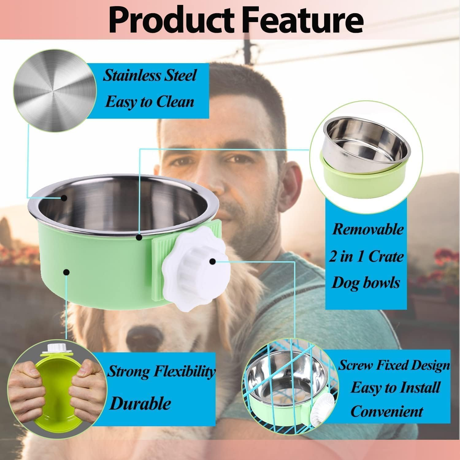 Pet Bowls for Cats and Dogs, Detachable and Hanging -2-Piece Set of Stainless Steel, Cat Cage, Food Bowl, and Dog House Water Dispenser, Suitable for Puppies, Birds, and Kittens (Pink+Blue) image number 3