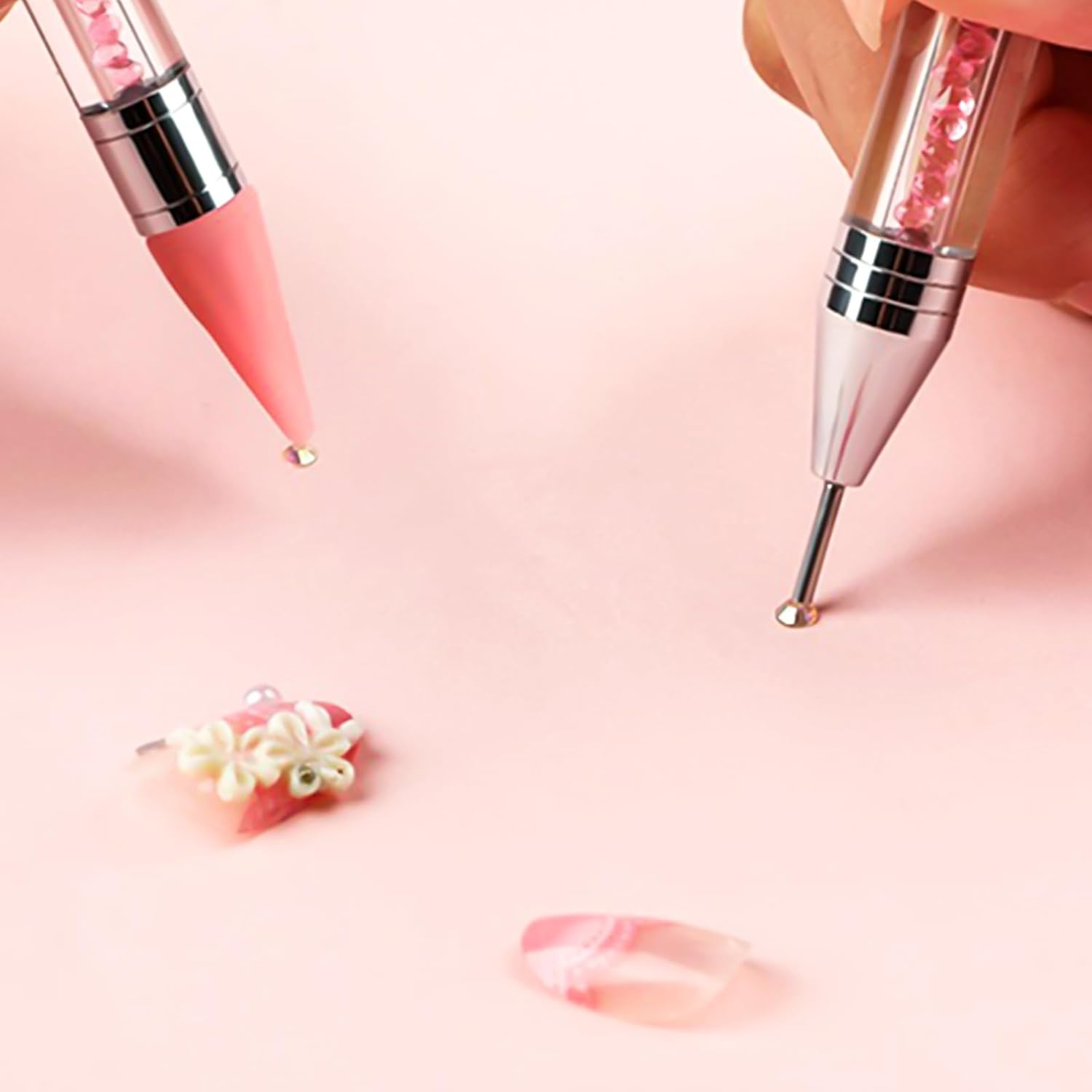Erinde 2PCS Dual-End Rhinestone Picker Tool, Acrylic Handle Wax Pencil for Rhinestones, Dual-Ended Diamond Painting Dotting Pen DIY Nail Art Tool with 2 Extra Wax Tips, White & Pink image number 1