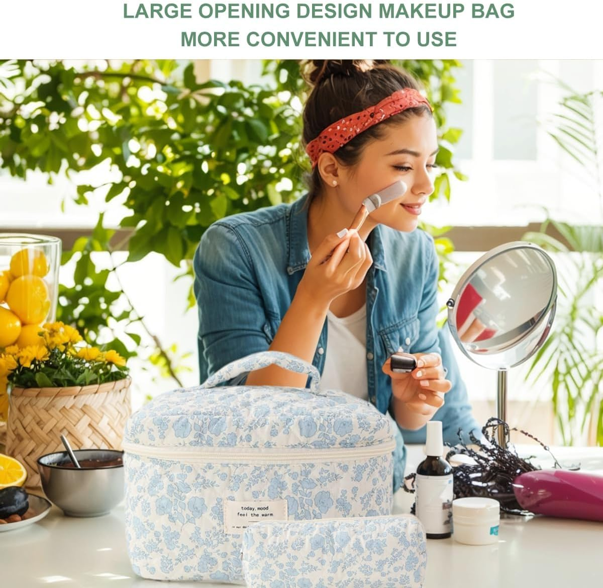 ZANZER 3 PCS Travel Quilted Cotton Makeup Bag Set - Floral Cotton Cosmetic Bag Travel Toiletry Pouch Portable Beauty Cosmetic Storage, Ideal Gifts for Girls Women, Mothers Day Gift (Dark Blue Flower) image number 2