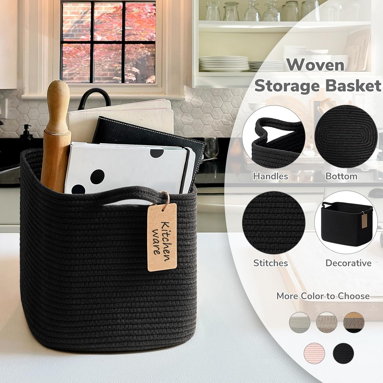 Storage Basket, Woven Baskets for Shelves, Cotton Rope Basket for Toys, Towel Baskets for Bedroom, 33 X 25 X 23Cm, 3 Pack, Black image number 2