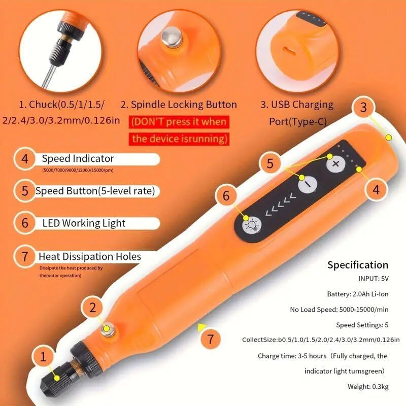 Powerful Mini Cordless Rotary Tool Kit with 5-Speed and USB Charging, 58 Accessories for Engraving, Polishing, Etching image number 4