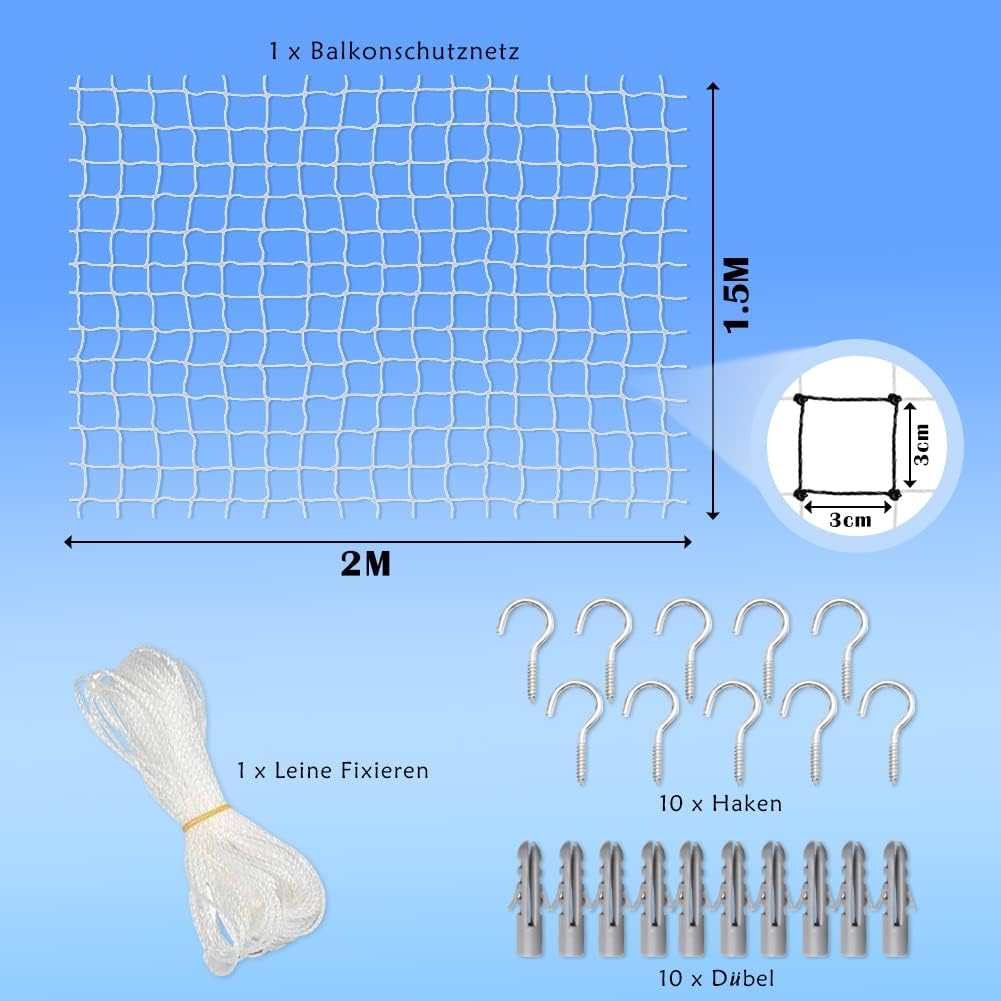 Geluode Cat Safety Net for Balcony and Windows, Transparent Cat Protection Net, Durable, Bite and Tear-Resistant, Includes Fixing Set 2 X 1.5 image number 4