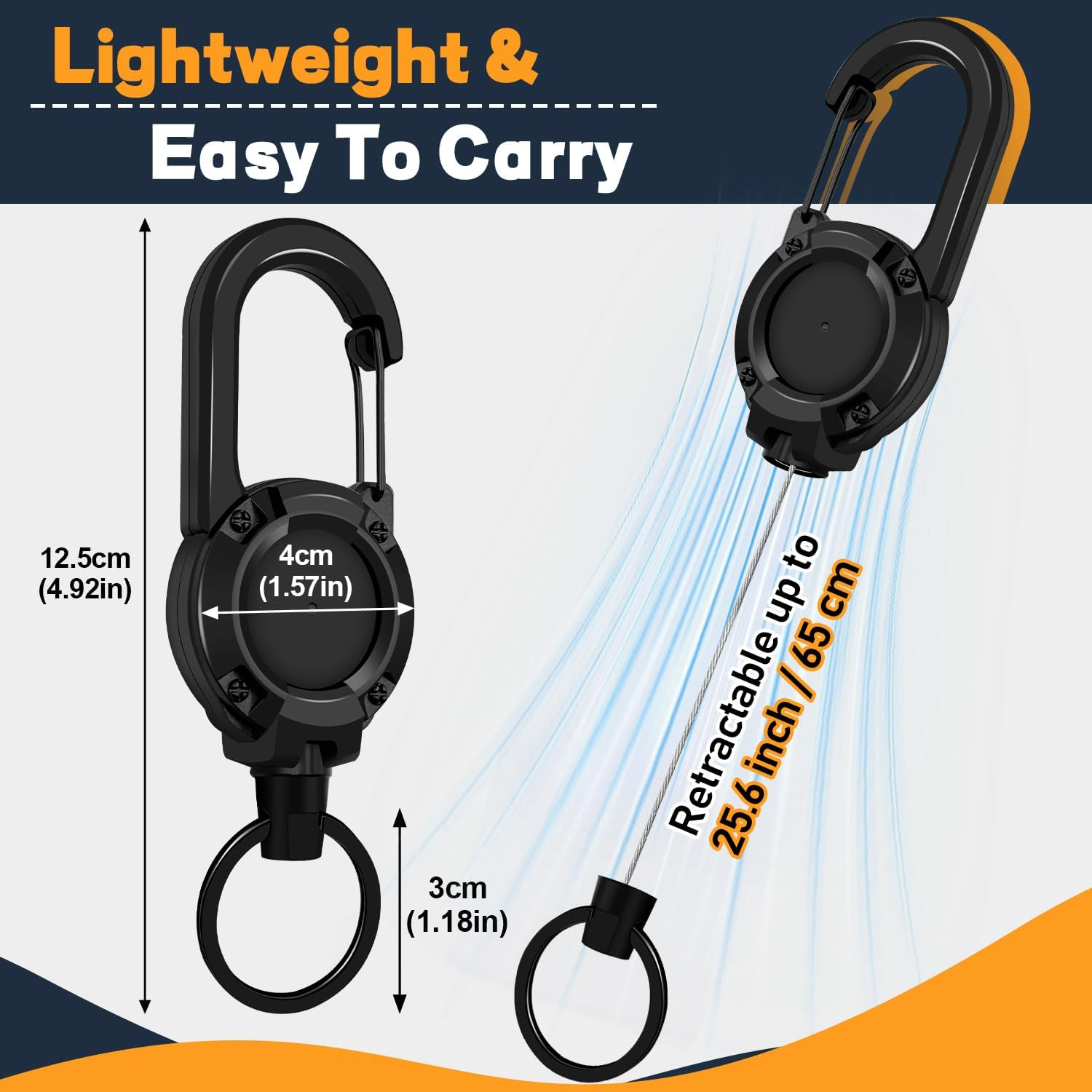 Heavy Duty Retractable Keychain 3 Pack, Retractable ID Badge Holder Reel, Multitool Carabine Key Holder for Keychain, Badge Holder with 23.6" Steel Cord Key Ring Clip, 8.0 Oz (3X Black)