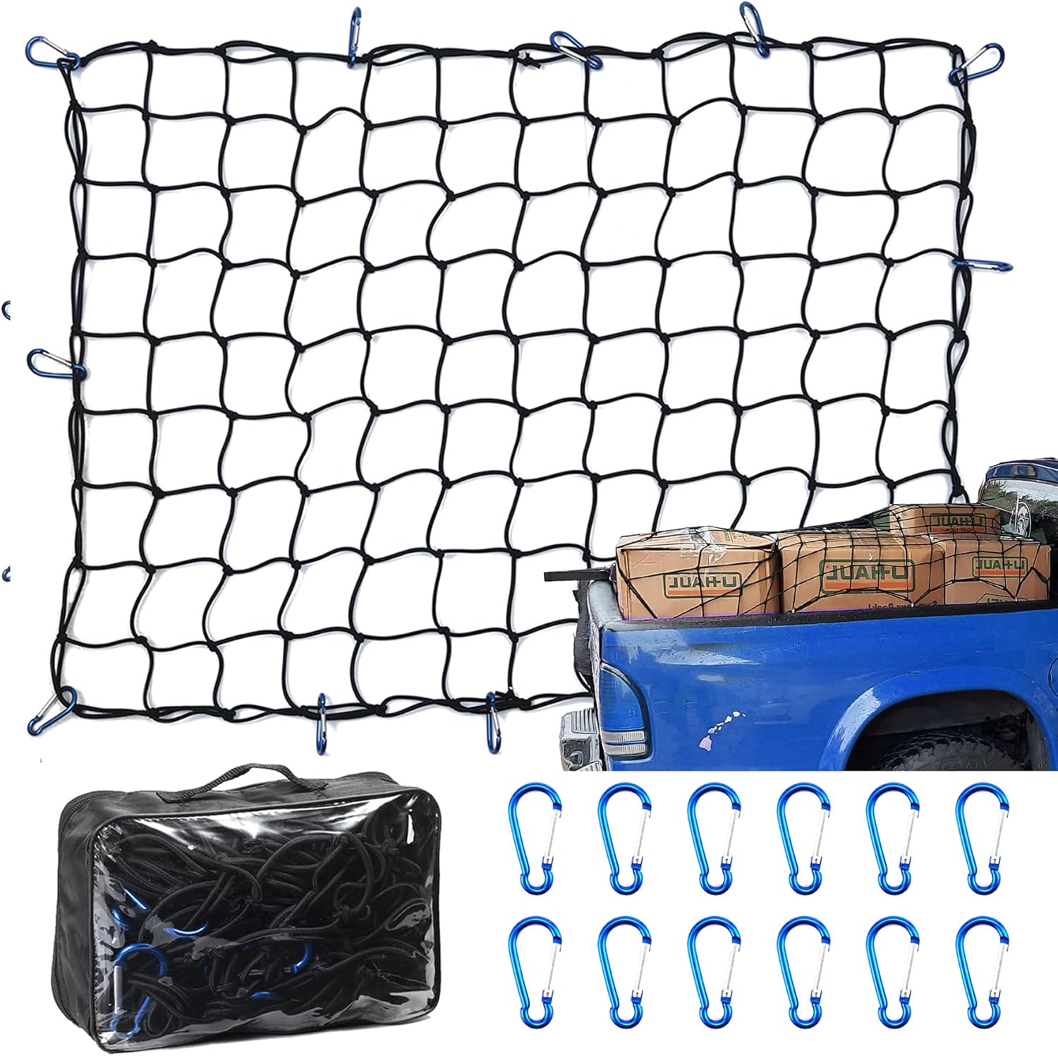 Amiss 3' X4' Stretches to 6' X 8' Truck Cargo Net, Roof Rack Cargo Net for Pickup Trucks SUV, Heavy Duty Truck Bed Cargo Bungee Net with 12 Blue Clips and Storage Bag， Car Exterior Accessories