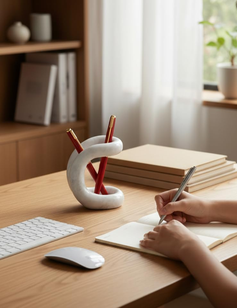 SPESHSTONES Marble Pen Holder for Desk 4 Inch White Pencil Holder for Desk Accessories & Workspace Organizers - Stone Stationary Holders for Office Decor - Pen Organizer for Gifts image number 1