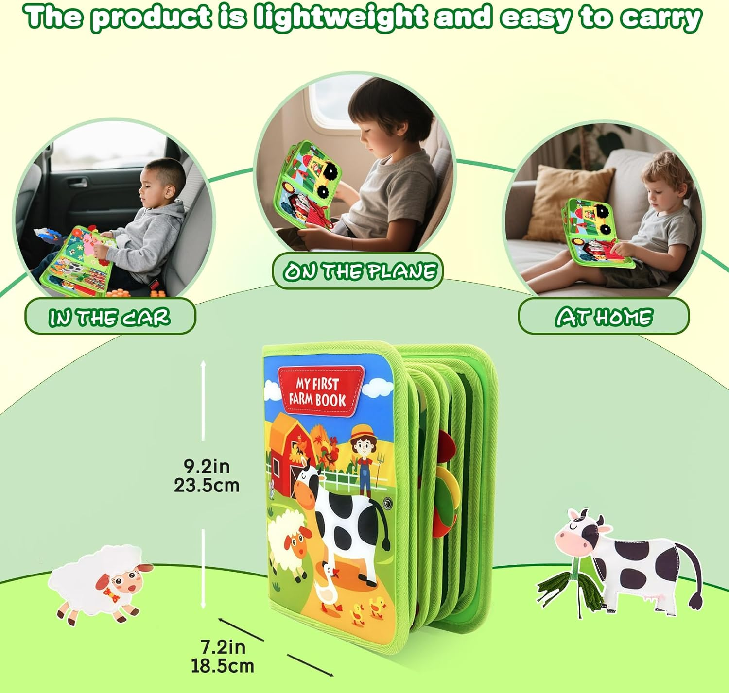 Toddler Busy Book, Farm Animal Theme Quiet Busy Books with Cognition, Sorting, Matching Function, Soft Felt Material, Montessori Busy Book for 3+ Years Old Boys Girls (Green)