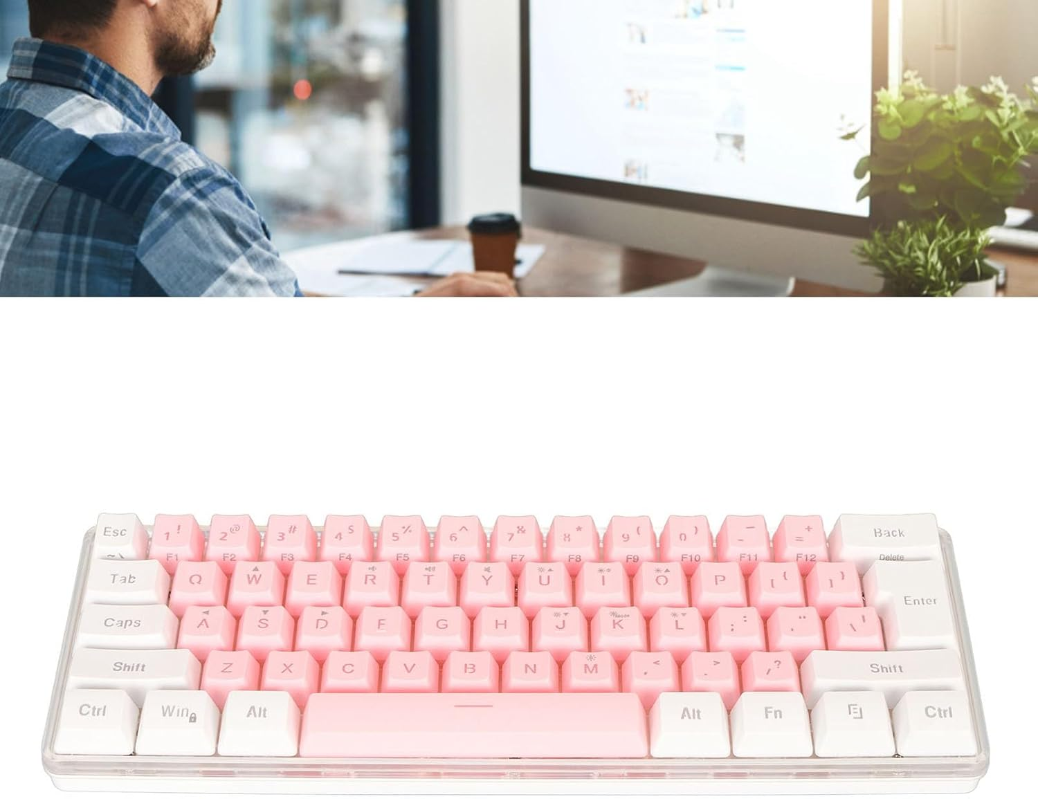Gaming Keyboard, USB Wired Compact Keyboard RGB Backlight Mimicry Machine Technology Space-Saving Travel Typer (White Pink)