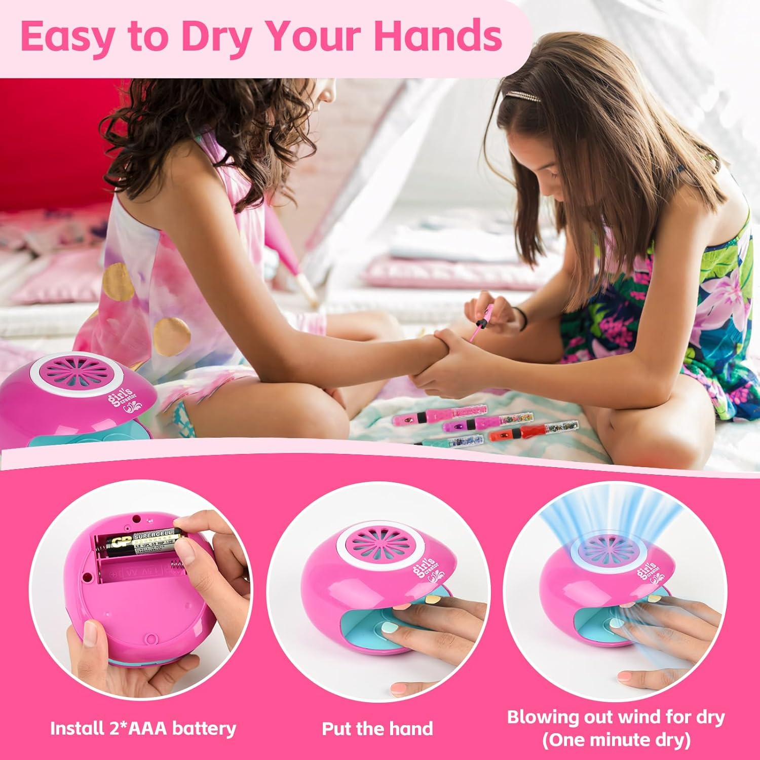CYZAM Nail Art Studio for Girls, Nail Polish Kit for Kids Age 6-12, 3 in 1 Nail Polish Pen, Nail Dryer, Stickers, Glitter, Decoration Supplies, Non Toxic Nail Polish, Girls Stuff for Spa 6 7 8 9 10 12 Years image number 3
