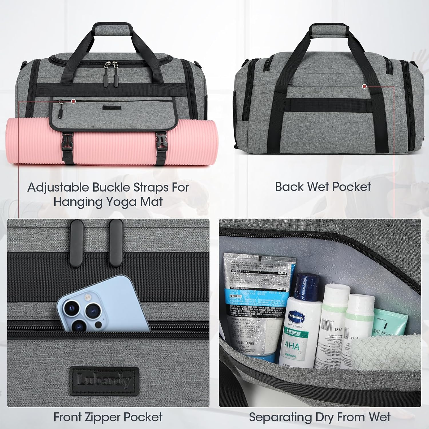 Gym Bag for Men 40L Sports Duffel Bags Gym Duffle Bag Women with Shoe Compartment & Wet Pocket Water Resistant Travel Duffel Bag Lightweight Weekender Overnight Bag Black, Grey, 40L, Duffle Bag Women image number 4