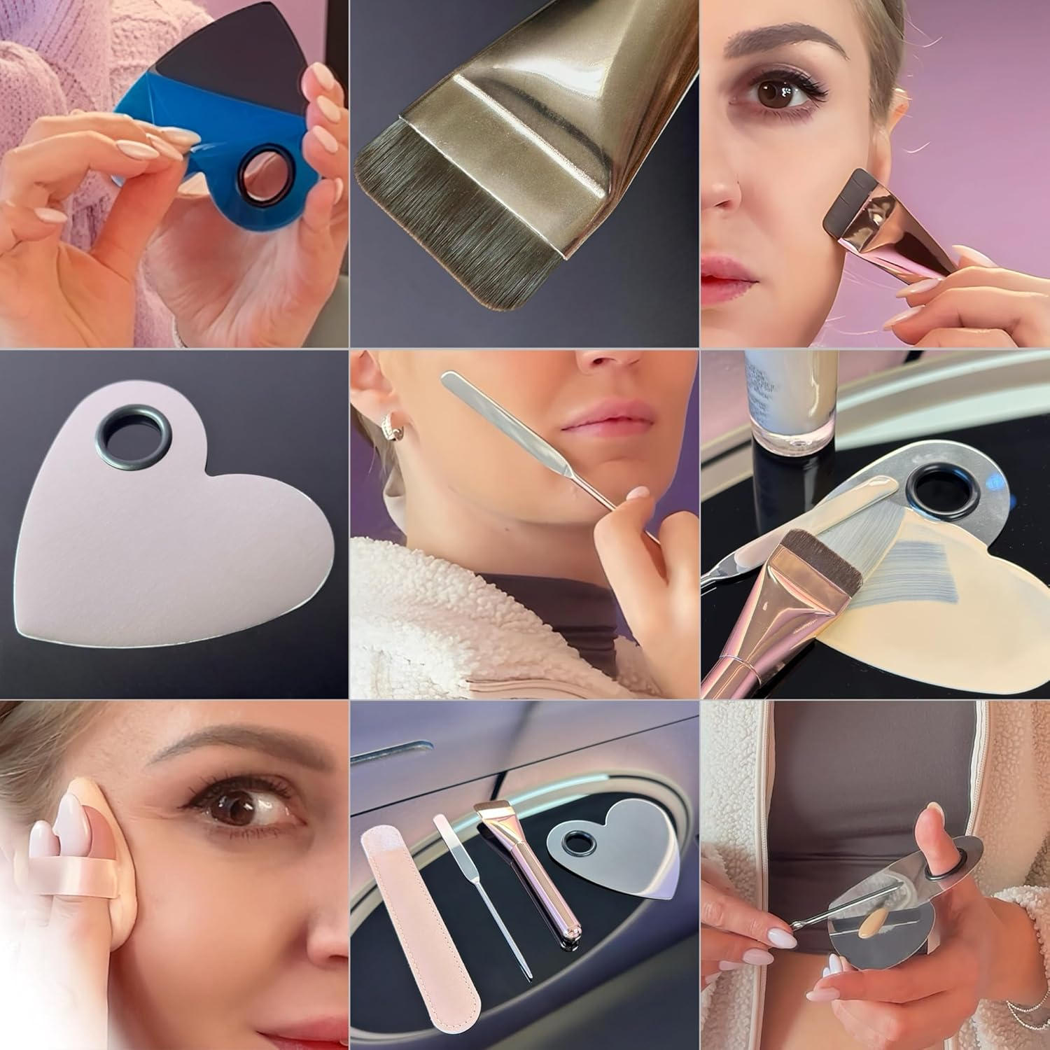 Makeup Brush Set - Flat Foundation Brush, Blender Sponge, Face Spatula, Puff & Heart-Shaped Mixing Palette with Leather Case &ndash; Complete Face Makeup Tool Kit for Blending, Foundation & Application image number 1