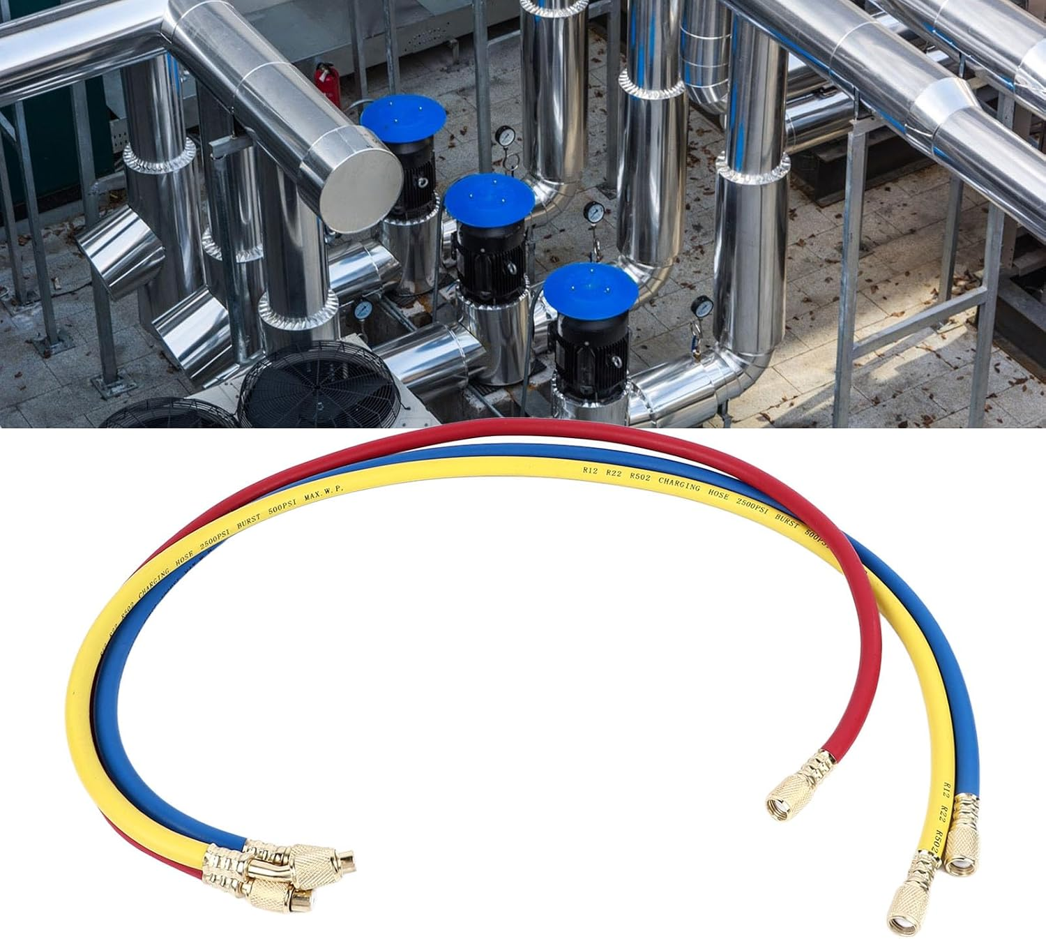 AC Charging Hoses Tube, 3Ft Refrigerant Charging Hose, Fits for R22 Refrigeration Tri Color, Car Air Conditioning and HVAC Manifold Gauge Hose Kit, Red, Yellow, Blue (Pack of 3) image number 4