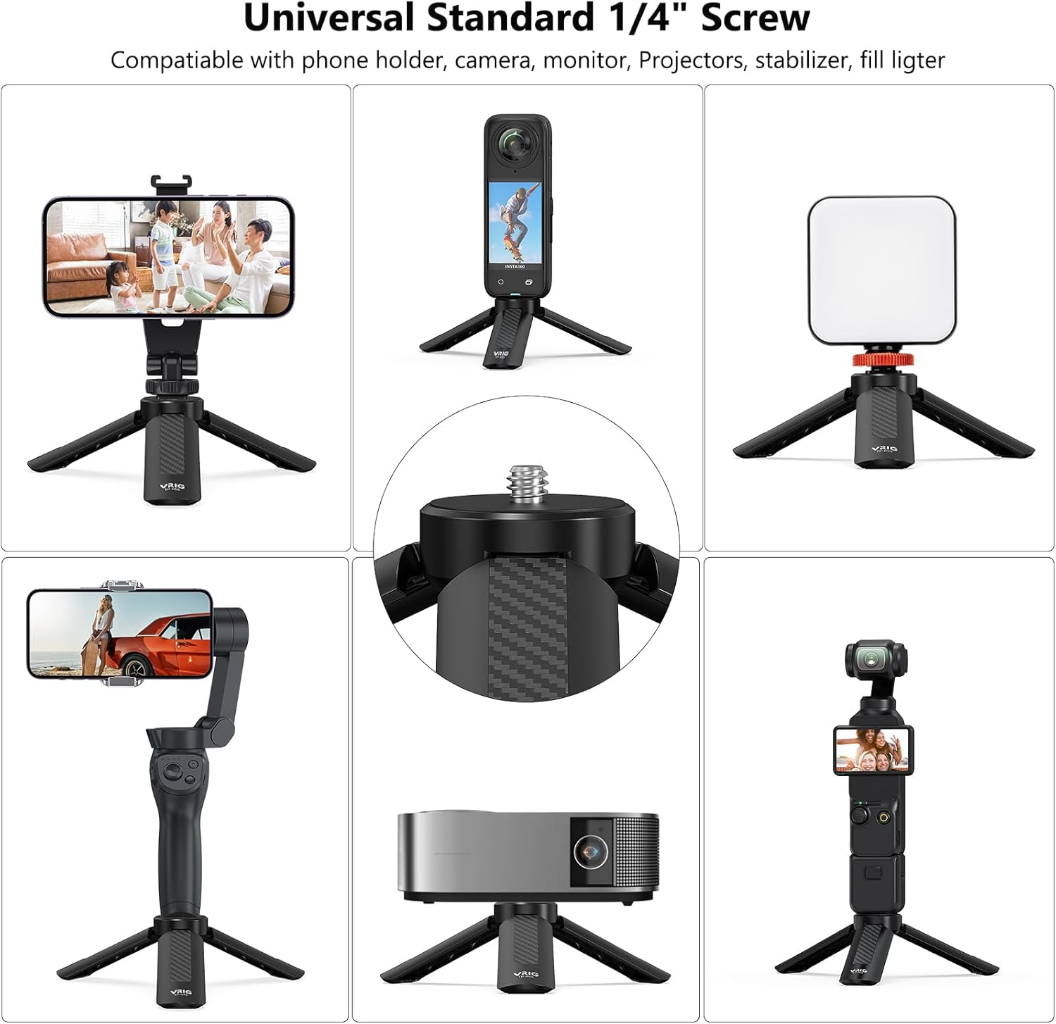 VRIG Mini Tripod Stand, Portable Selfie Stick Tabletop & Travel Tripods with 1/4" Standard Screw Suitable for Camera, DJI OSMO Mobile 2, ZHIYUN Smooth, Feiyu Gimbal Handle Grip Stabilizer image number 4