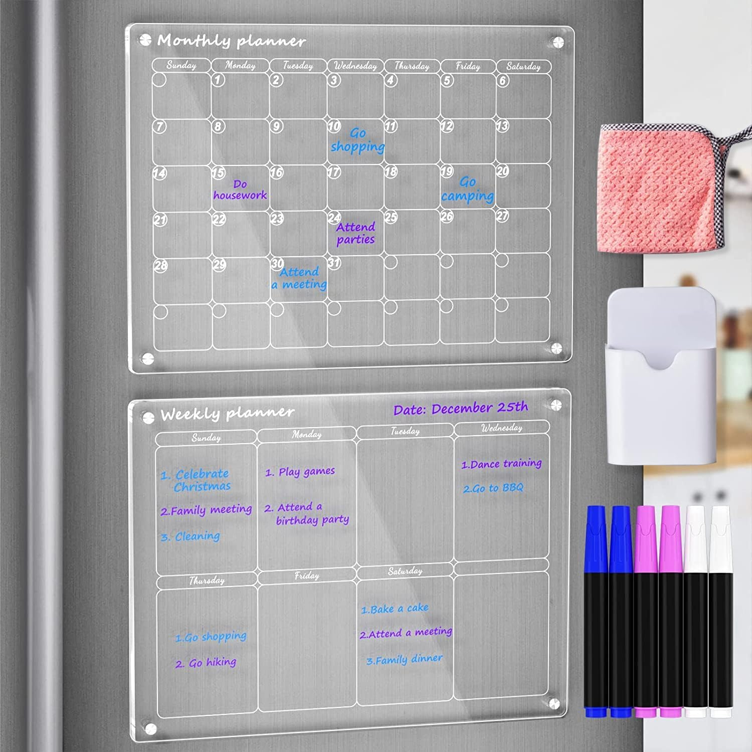 Acrylic Magnetic Dry Erase Board and Calendar for Fridge, Clear Set of 2 for Refrigerator Reusable Planner, Includes 6 Dry Erase Markers with 3 Colors (Monthly Calendar + Weekly Calendar) image number 4