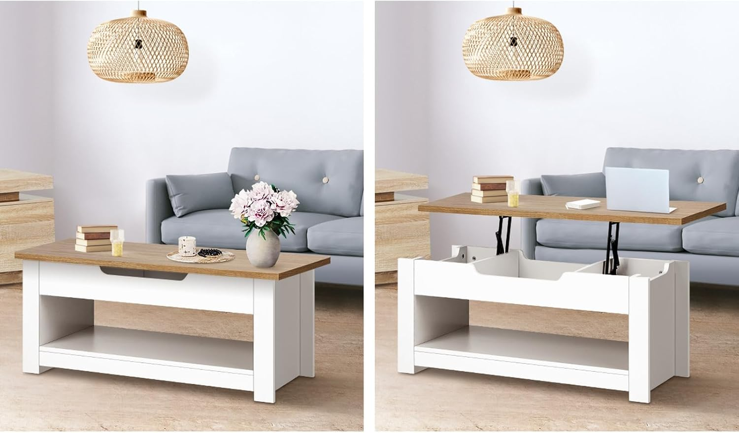 Oikiture Coffee Tables Lift up Top Wooden Convertible Hidden Book Storage Living Lounge Room Furniture Shelf Display,White and Natural Wood image number 5