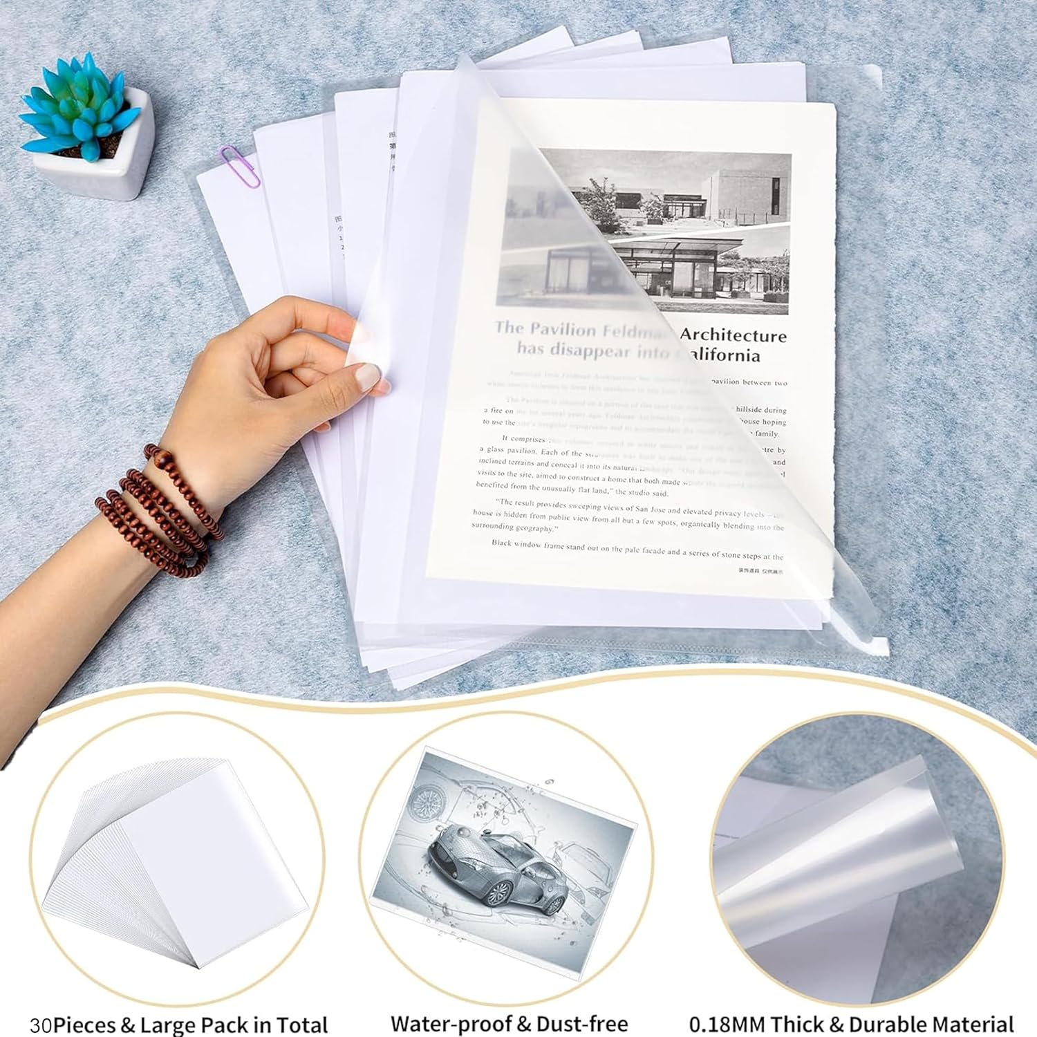 30Pcs A4 Cut Flush Folders, Clear Plastic Folder, Open Top & Side Plastic File Folders 180 Micron Transparent Wallets Files Pocket Document Project Cover Sheet Protector for School Office Paperwork image number 4