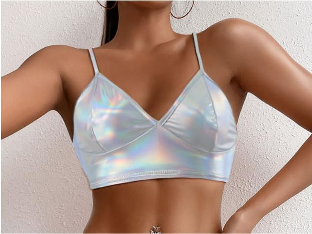 Women'S PU Crop Tops Shiny V-Neck for Dancing Raves Festivals Costumes image number 2
