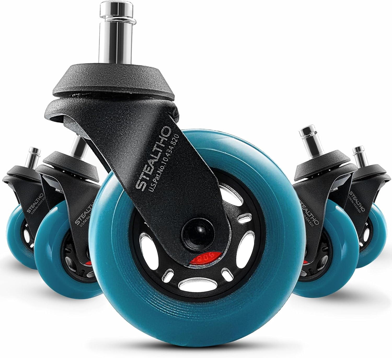 STEALTHO Replacement Office Chair Caster Wheels Set of 5 - Protect Your Floor - Quick & Quiet Rolling over the Cables - No More Chair Mat Needed - Blue Polyurethane - Universal Stem 7/16 Inch image number 2