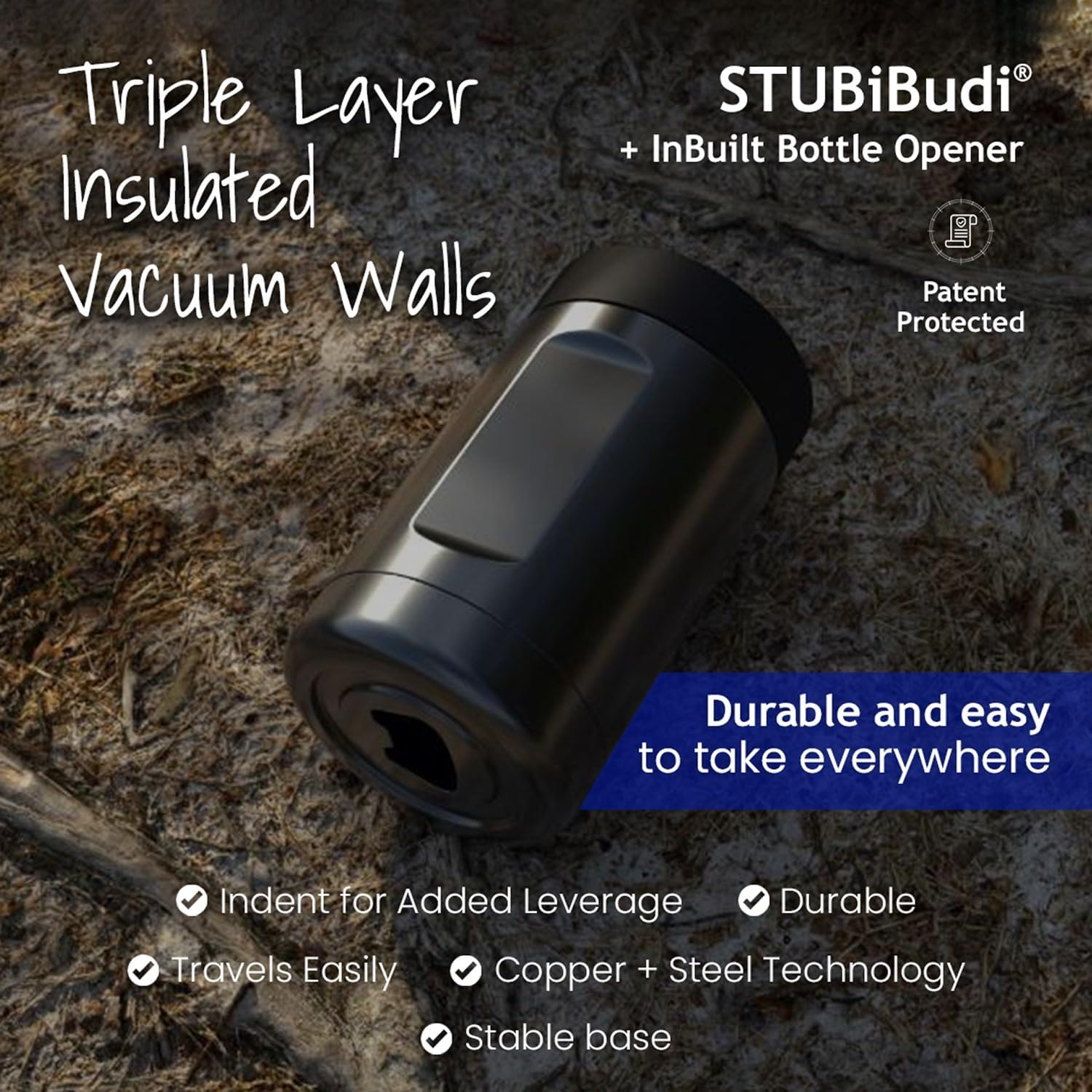 OAKMANN Stubby Holder Beer Cooler & Bottle Opener 4 in 1, Insulated Can Cooler Beer Holder & Tumbler, Stainless Steel to Fit Bottles & Cans up to 375Ml, Ultimate Beer Gifts for Men Dad Birthday (Navy)