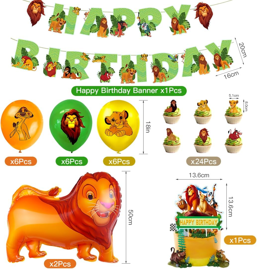 Tydeus Birthday Balloons Lion, 48-Piece Jungle Kit: 18 Cartoon Latex (6 Yellow, 6 Orange, 6 Green), 2 Foil Lion Balloons, 1 Banner, 24 Cake Decorations, Ribbon, Straw