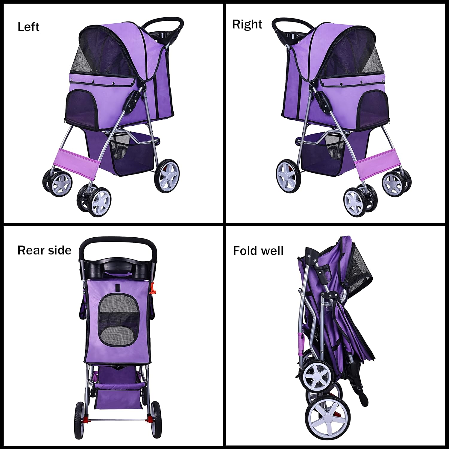 ELEVON Pet Stroller, 4 Wheels Multifunction Dog Cat Stroller, Folding Portable Travel Stroller with Detachable Carrier, Suitable for Medium Small Dogs Cats(Purple) image number 6