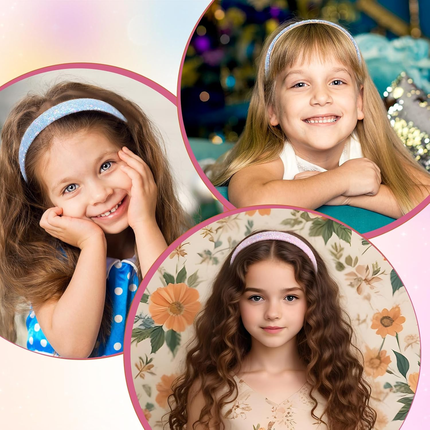 3PCS Kids Headbands for Girls Sparkly Headbands Wide Padded Hair Bands Thick Bling Fashion Cute Daily Accessories for Girls and Women (5.7&times;4.5 Inches, Pink + Sky Blue + White) image number 6