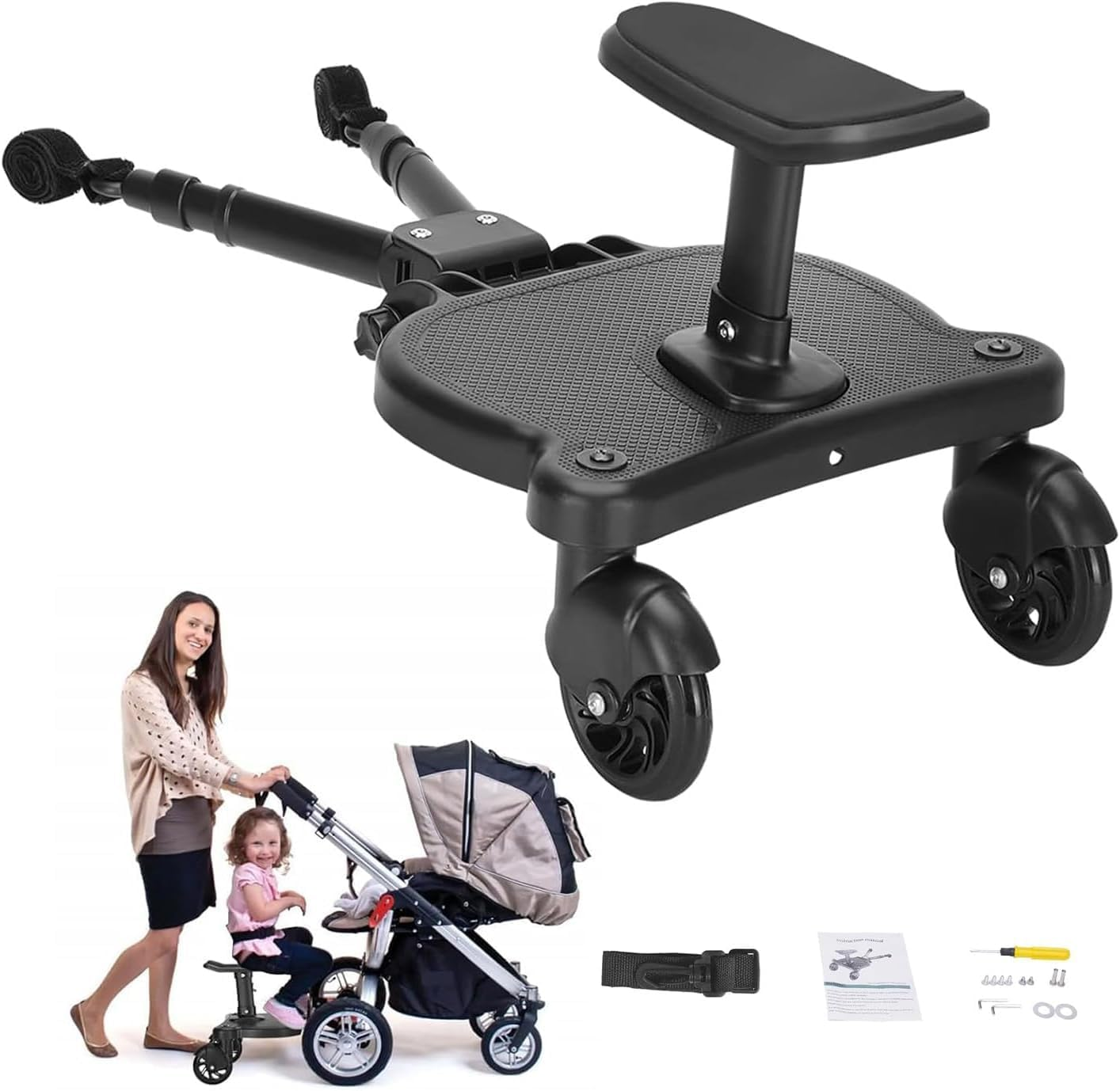 Universal Stroller Board Pedal, Kiddy Boards, 2 In1 Stroller Board with Seat, Stable Two Wheel Design, Adjustable Buggy Board, Holds Children up to 55 Lbs Stroller Standing Board image number 6