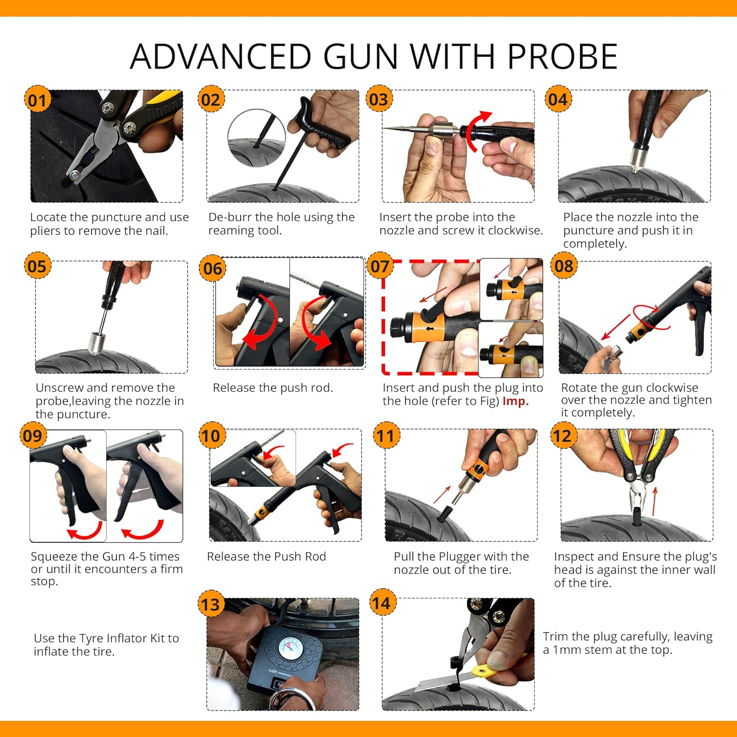 GRAND PITSTOP Tubeless Tire Gun Puncture Repair Kit with Mushroom Plug for Tyre Punctures and Flats on Cars, Motorcycles, ATV, Trucks & Tractors (Gun Puncture Kit with Hole 15 Plugs, Black)