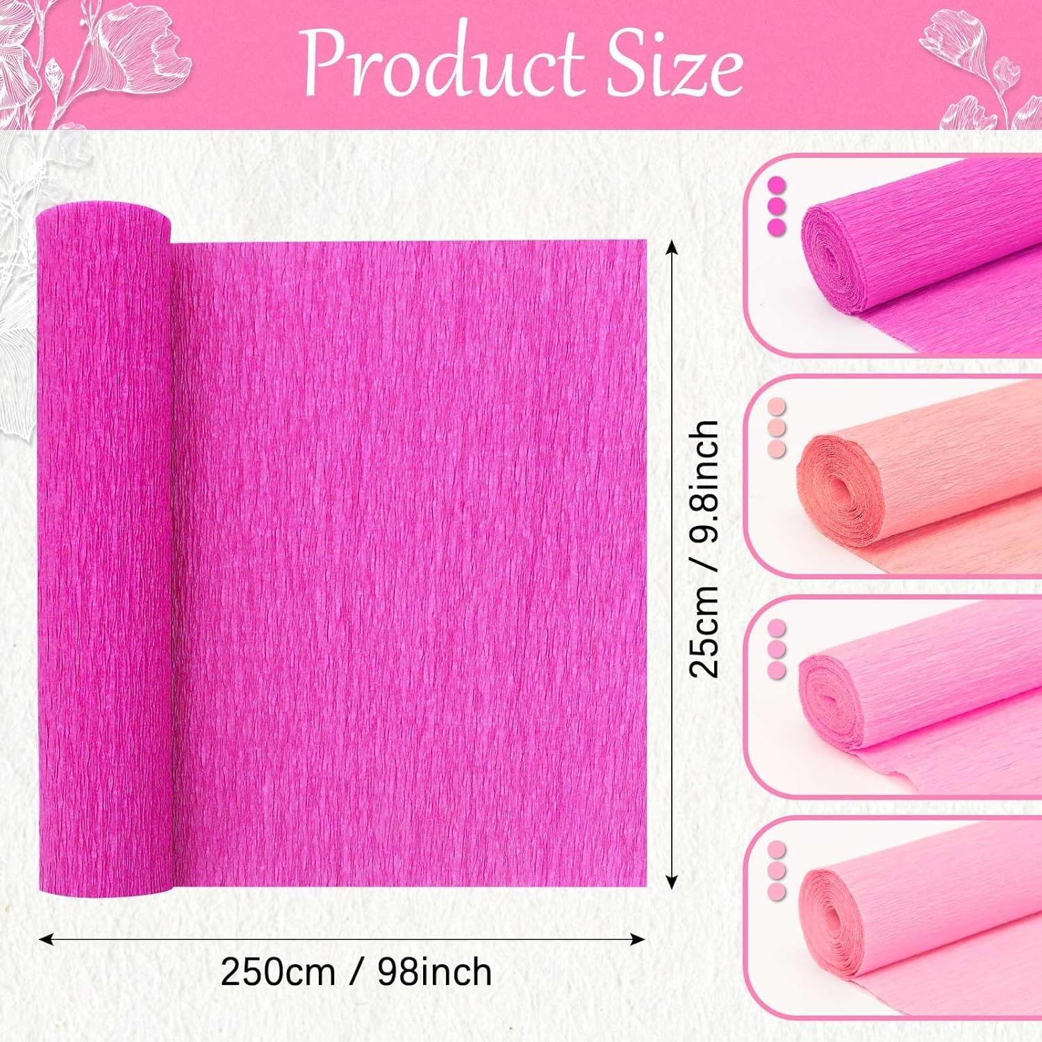 8 Rolls Crepe Paper Streamers 25 X 250Cm 4 Colors Crepe Paper Roll Decorative Craft Streamer for DIY Gift Wrapping Paper Birthday Wedding Holiday Party Decorations (Pink)