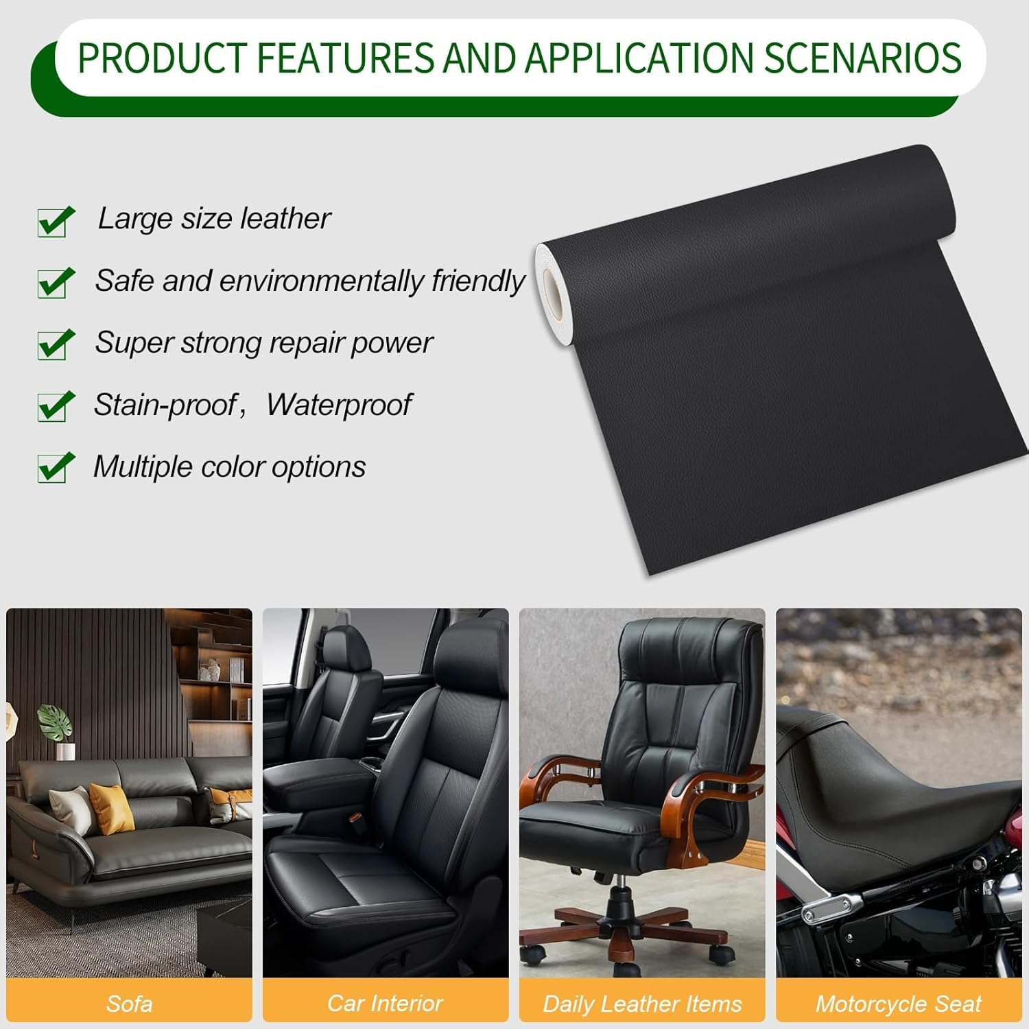 Leather Repair Patch for PU Couches,Self Adhesive Waterproof，Repair Patch Self Adhesive Waterproof for Couches, Furniture, Kitchen Cabinets, Car Seats(Black, 17X79 Inch) -Quttly image number 1
