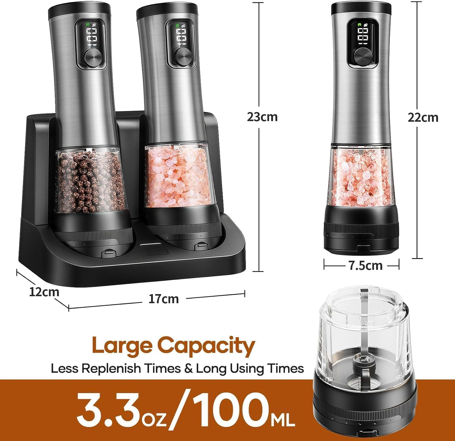 Salt and Pepper Grinder Set, Electric Ceramic Grinder Automatic Pepper Mills with Battery Display Rechargeable Base, Salt Shakers with 5 Level Adjustable Coarseness for Modern Kitchen(Stainless Steel) - Silver image number 3