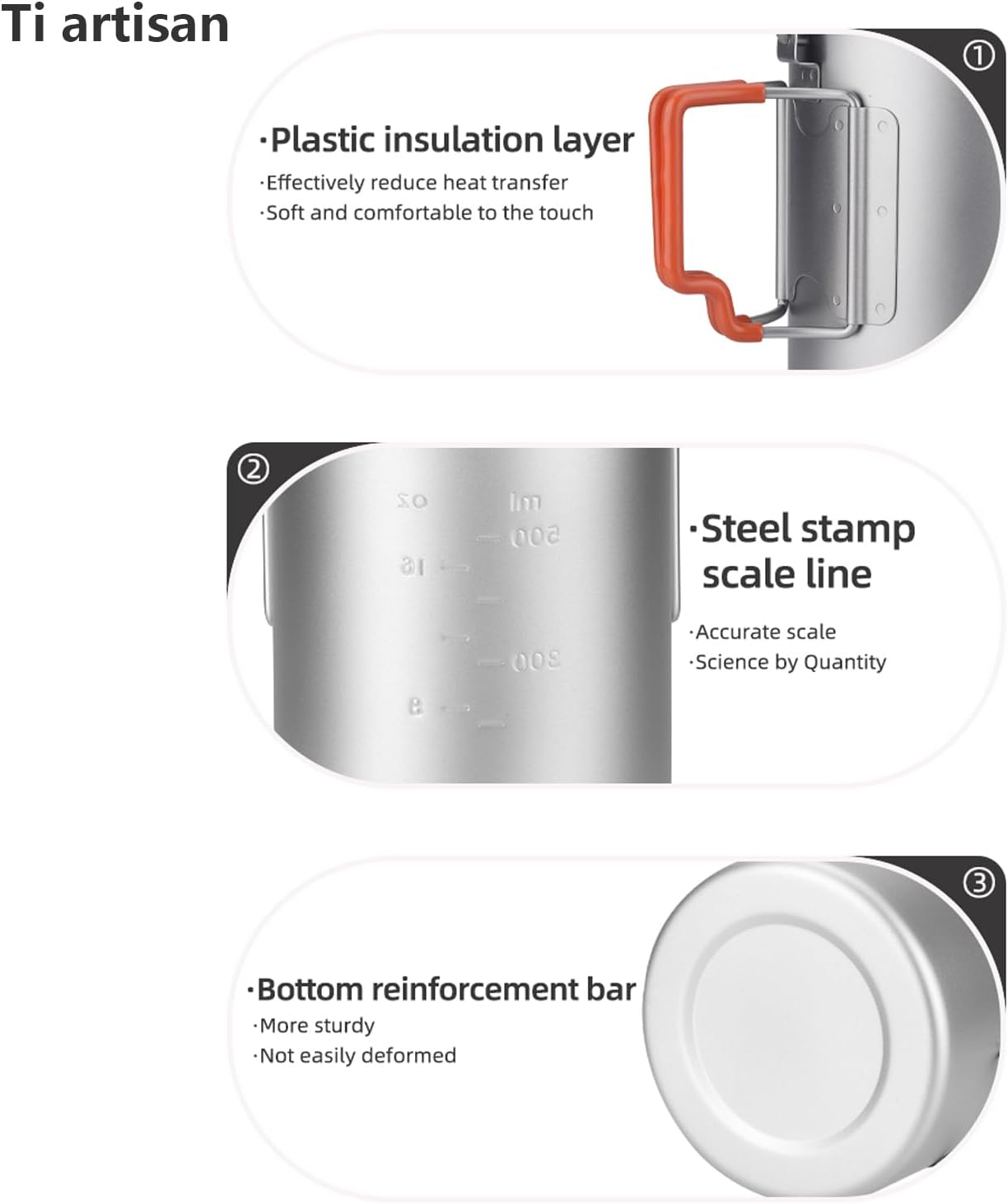 Ti Artisan Titanium Cup Camping Pot Portable Ultralight Coffee Mug 450ML/750ML Water with Foldable Handles and Lid for Outdoor Camping Hiking Backpacking (750ML)