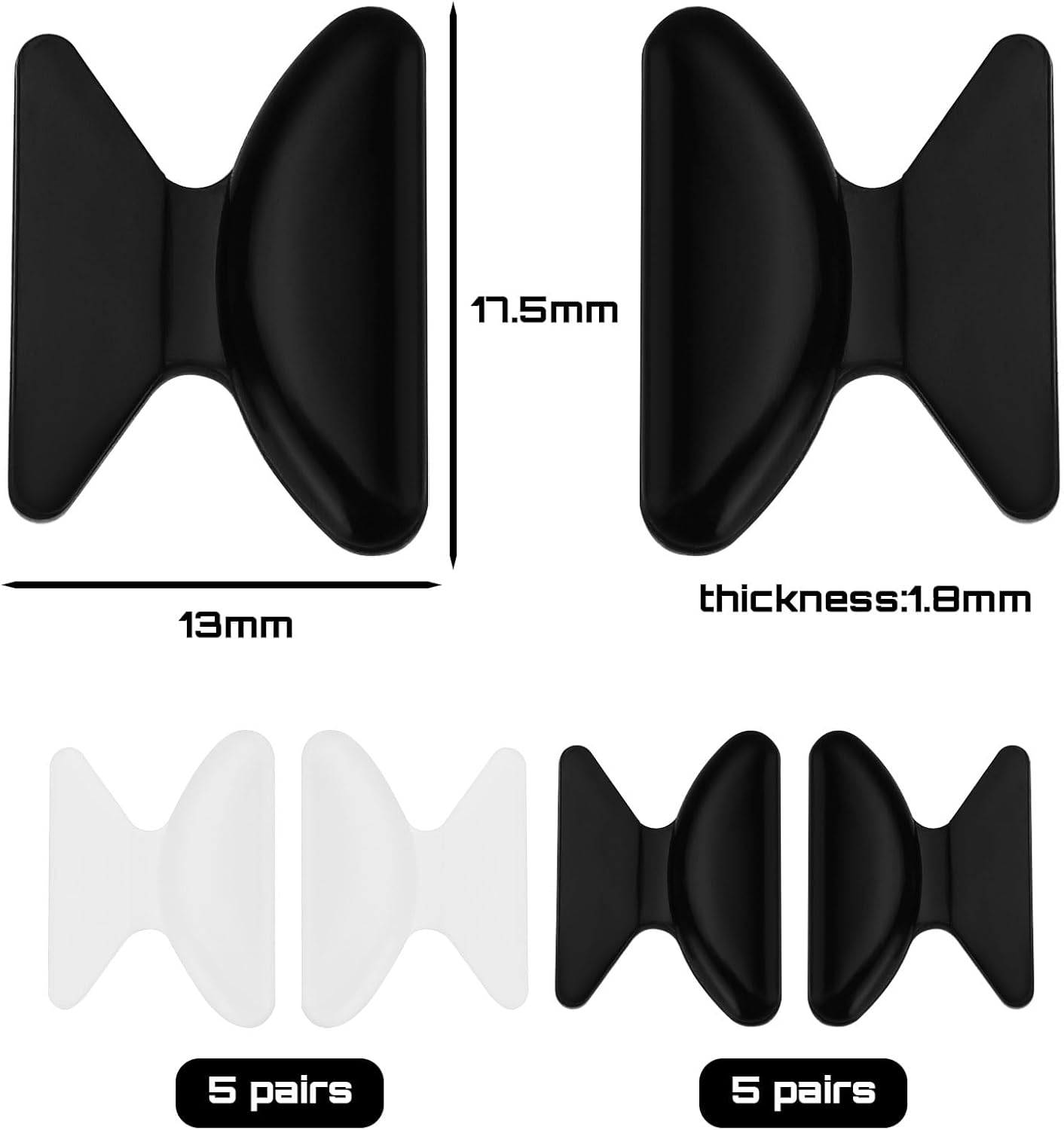 Emagtech 10 Pairs Butterfly Adhesive Nose Pads 1.8Mm Eyeglass Nose Pads for Reading Glasses Sunglasses Spectacles (5 Pairs Black + 5 Pairs Clear) image number 2