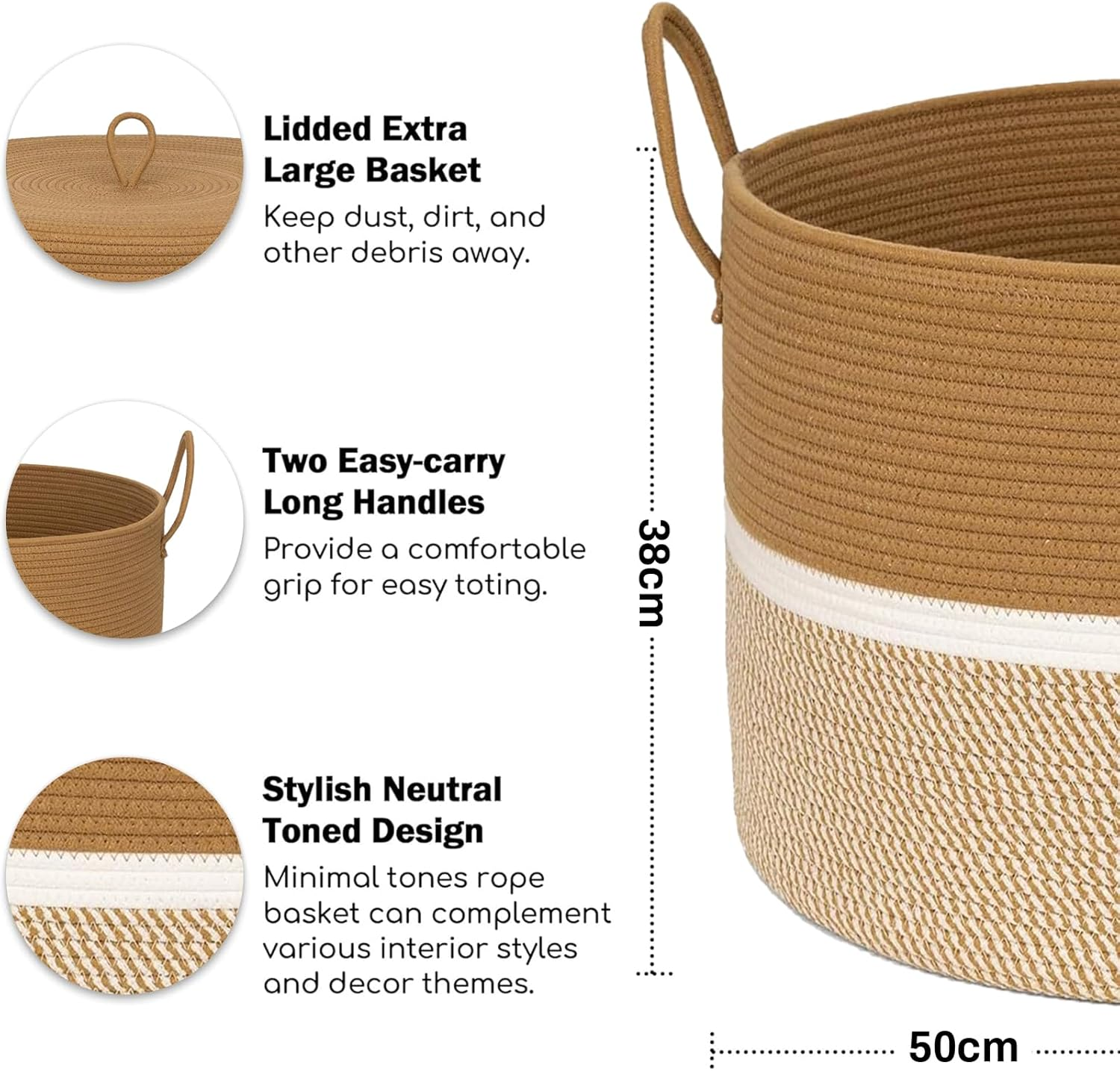 Extra Large Cotton Rope Woven Basket, Throw Blanket Storage Basket with Handles,Woven Storage Organizer for Blankets,Toys, Clothes, Rustic Rope Basket for Living Room, 50Cmx50Cmx38Cm