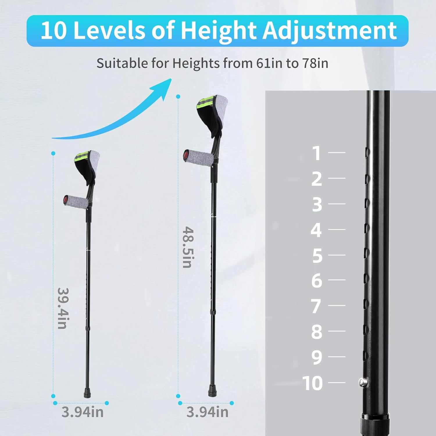 ENLUNTRA Forearm Crutches for Adults, 2 Pcs, Adjustable Arm Crutch with Elbow Strap and Cushion, Portable and Foldable Crutches, Grey Cushion image number 1