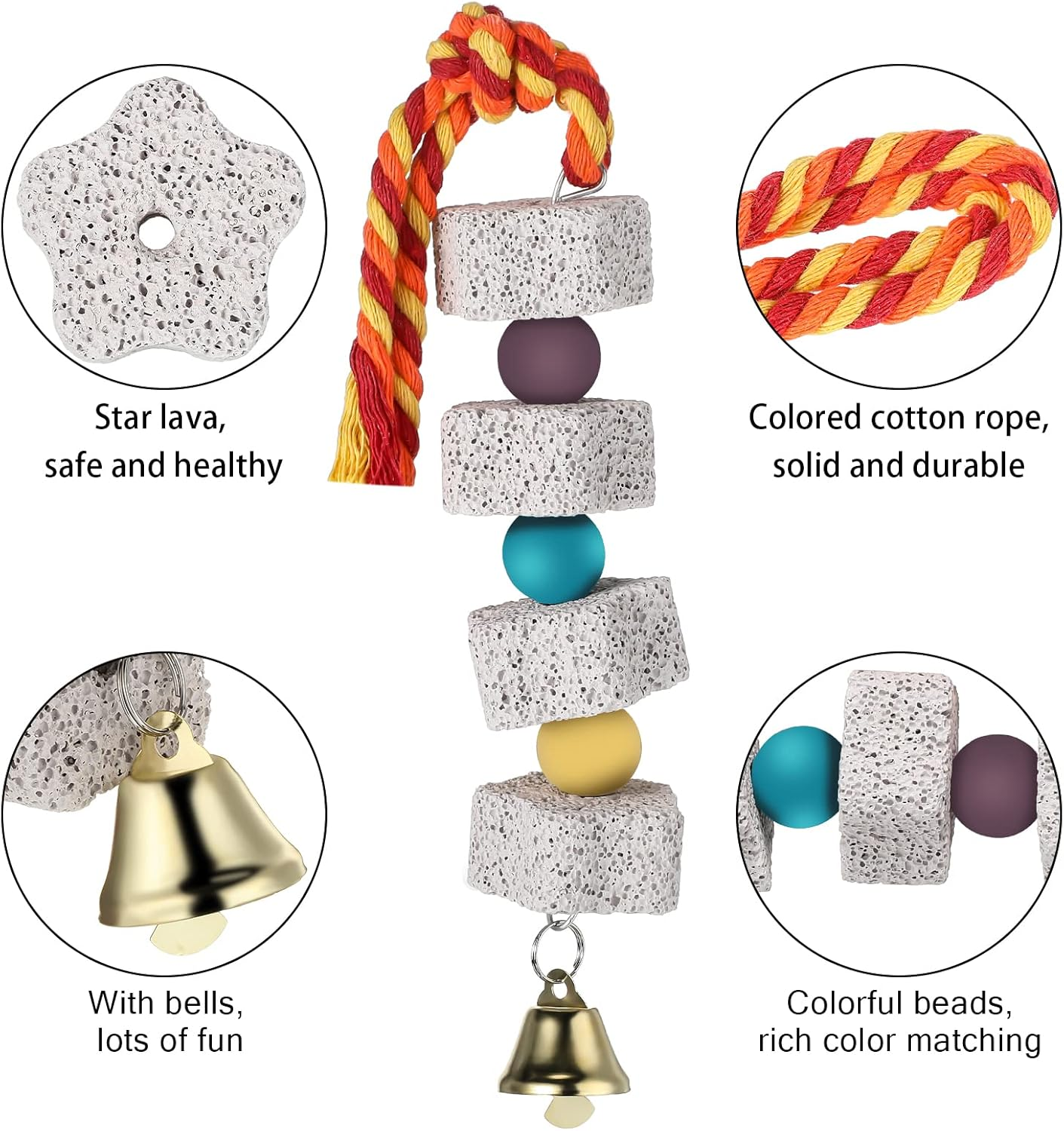 Sanwuta 4 Pack Bird Beak Grinding Stone with Bell Parrot Chewing Toy Parrot Beak Stone Lava Block Calcium Stone Bird Cage Accessories for Parakeet Cockatiel Conure Hamster Chinchilla Rabbit image number 4