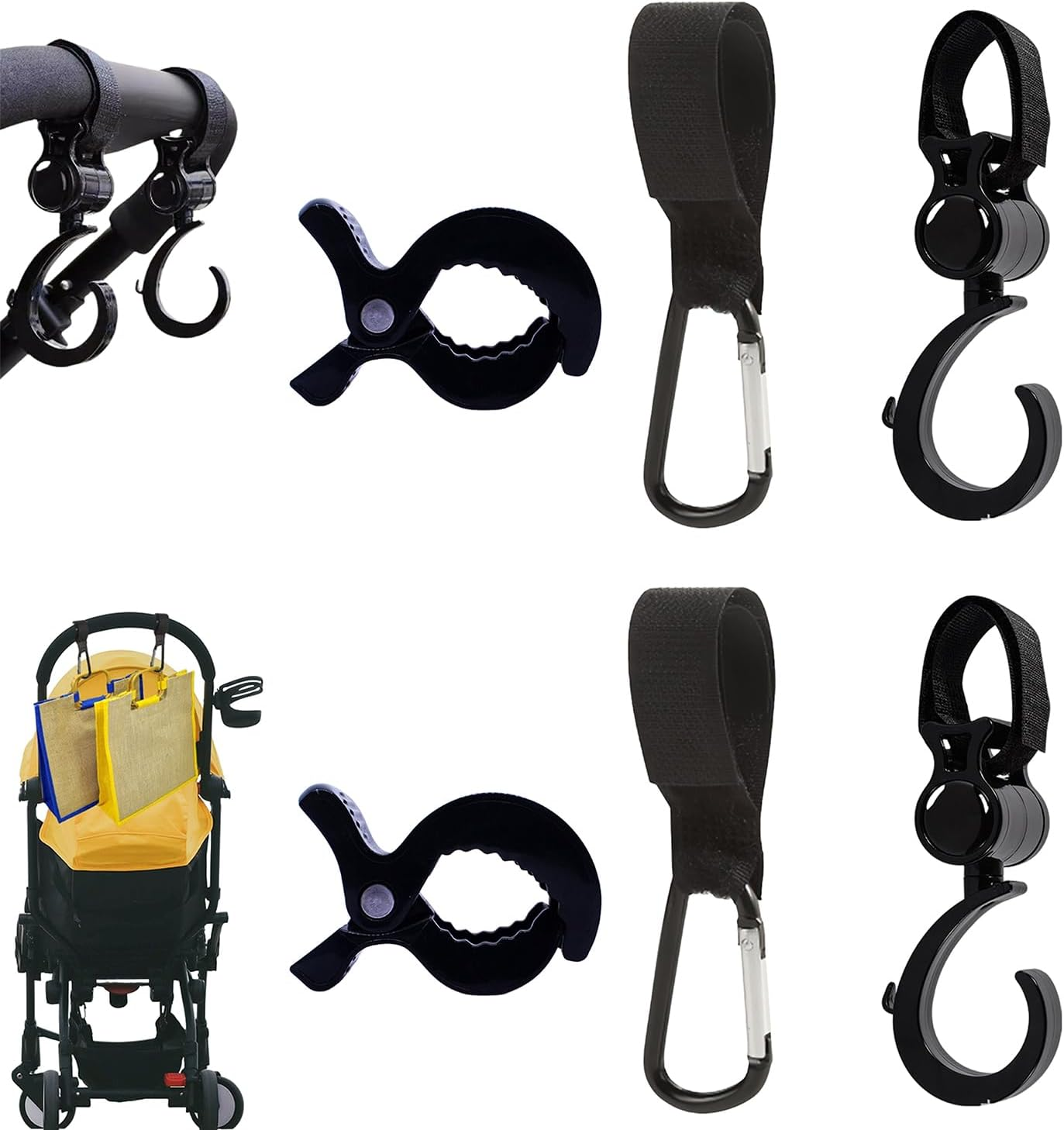 Wzenclave 6Pcs Baby Stroller Hooks Mommy Stroller Pram Clip and Stroller Accessories Stroller Peg and Organizer Hook for Diaper Bags 2 Stroller Pegs Clips 4 Baby Stroller Hooks Adjustable Clip Straps image number 2