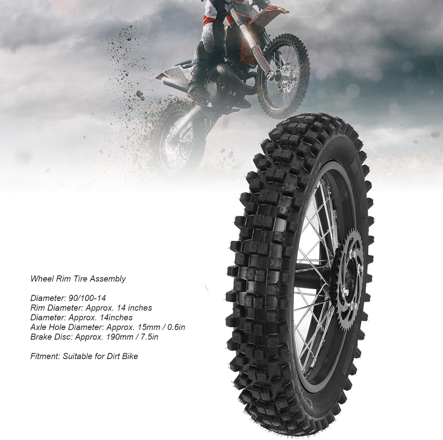 90/100-14 Rear Wheel Rim Tire, Rear Wheel Tire and Rim Inner Tube with 15Mm Bearing Assembly, Rotor & 420 41T Sprocket for Dirt Pit Bike Tao Kayo TSD 110 TD 125 image number 6