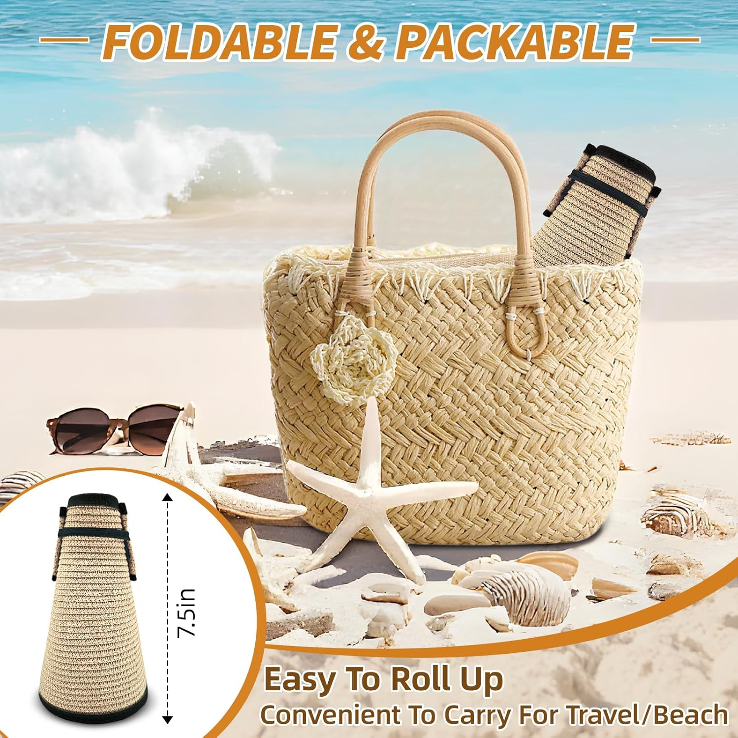 XMMAXFLOW Sun Hats for Women Beach Hats Wide Brim Straw Sun Visors Ponytail Hat Summer Packable Foldable Travel