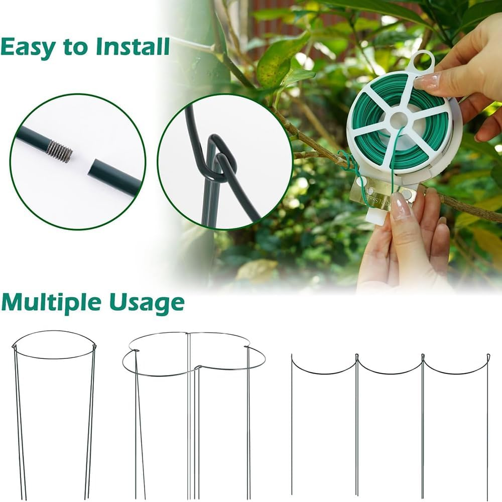 6 Pack Plant Support Stakes,10" W X 32" H Half round Ring Metal Plant Support Stakes, with Plant Clip, Garden Wire and Gloves,For Indoor and Outdoor Plants, Vegetable, Flowers image number 2