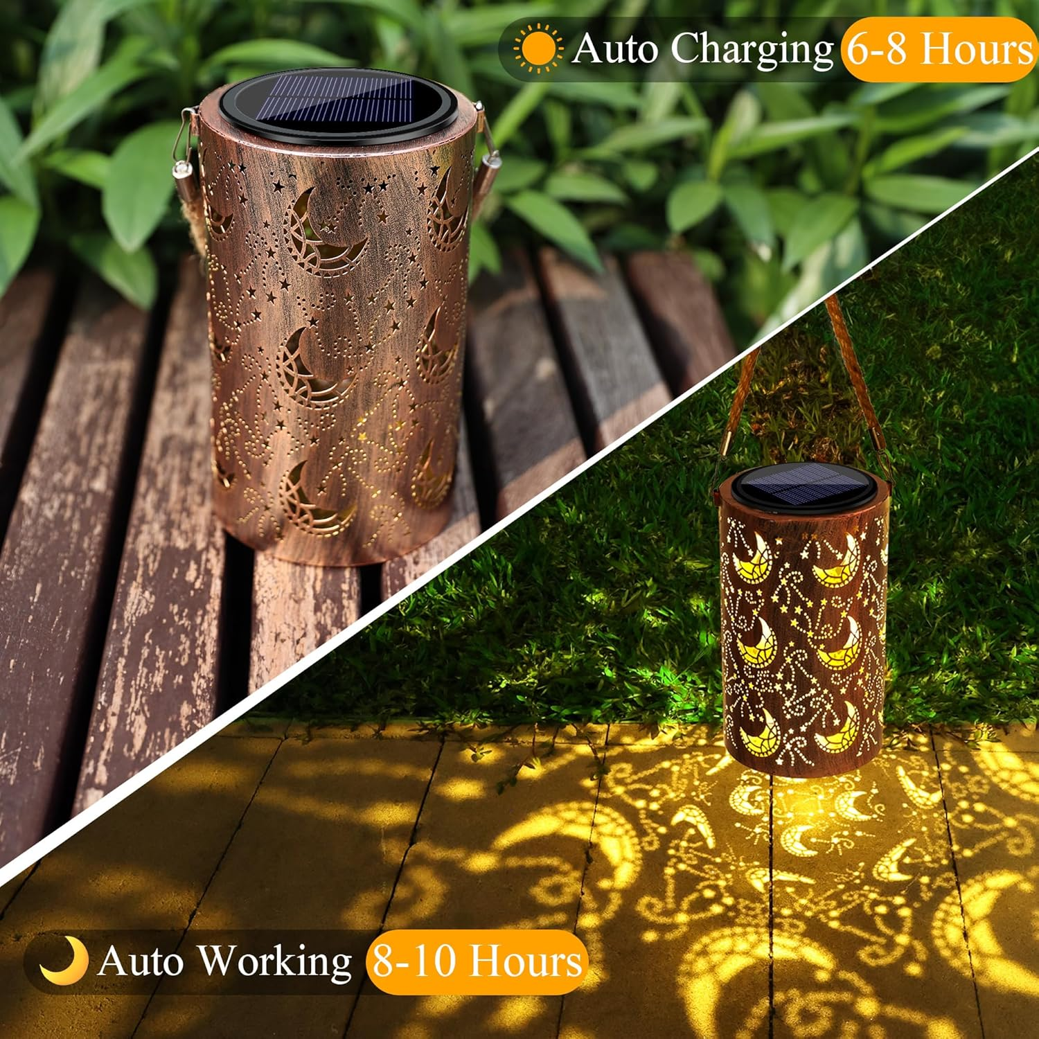 Toodour Solar Lantern Outdoor, Hanging Solar Outdoor Lights Garden Decor, Waterproof Hollow Out Retro Metal Moon Decorative Lights for Patio, Balcony, Yard, Walkway, Landscape, Outdoor Decor