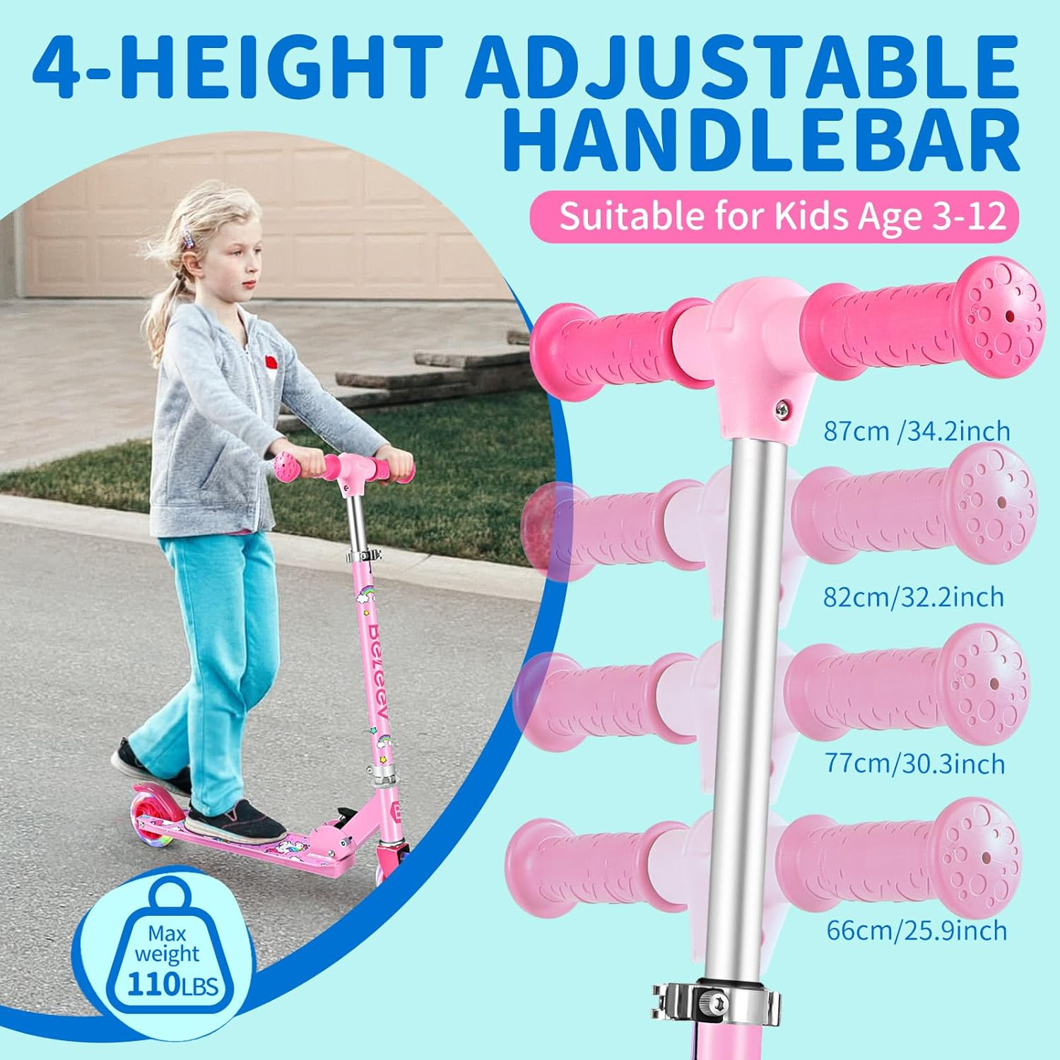 BELEEV V1 Scooters for Kids, 2 Wheel Folding Kick Scooter for Girls Boys, 3 Adjustable Height, Light up Wheels, Lightweight Scooter with Sturdy Frame, Kickstand for Children 3 to 12 Years Old image number 1