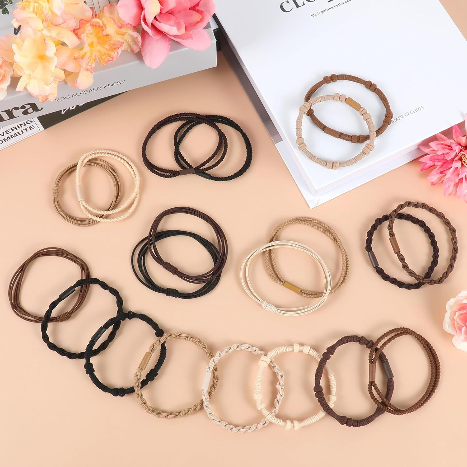 Hair Ties, 20 PCS of 4 Styles Cute Hair Bands for Thick or Thin Hair,No Damage Hair Tie Bracelets,Brown Elastic Hair Accessories for Girls and Women