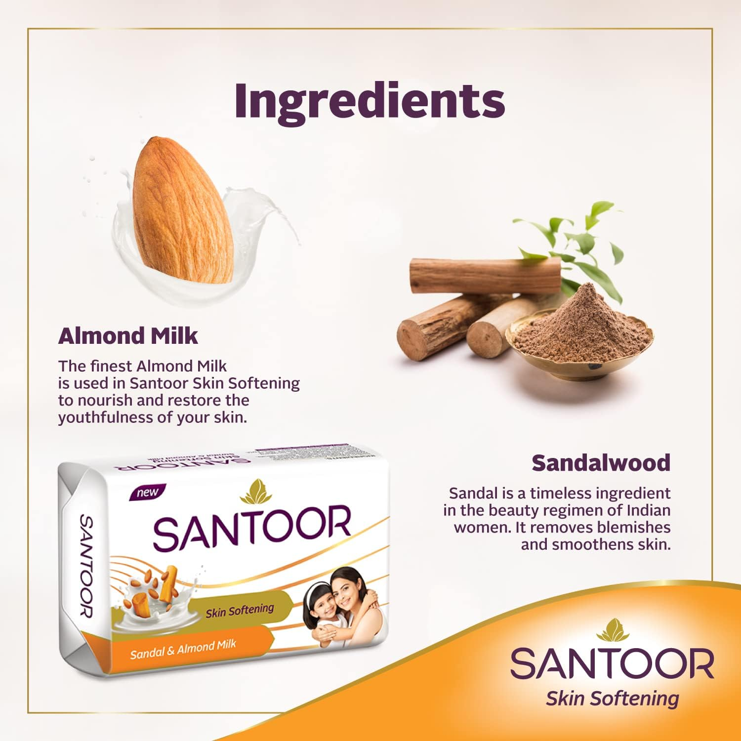 Santoor Sandal and Almond Milk Soap 125G (Pack of 5)(Free) image number 2