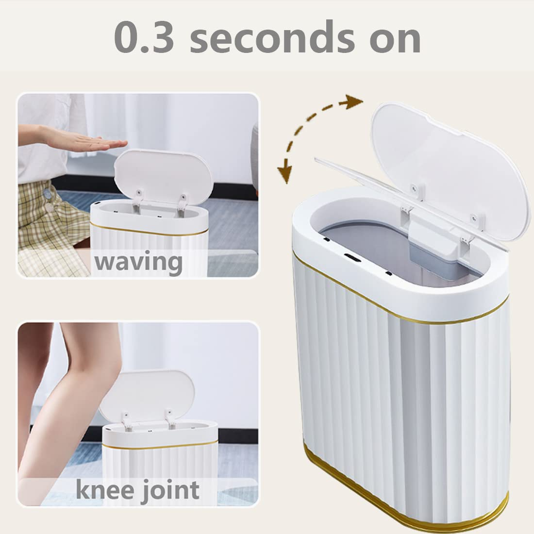Smart Trash Bin with Lid for Bathroom, 9 Liter Slim Automatic Garbage Can, Waterproof Plastic Rubbish Bin Narrow Motion Sensor Wastebasket for Living Room, Kitchen, Office, Gold (No Battery)