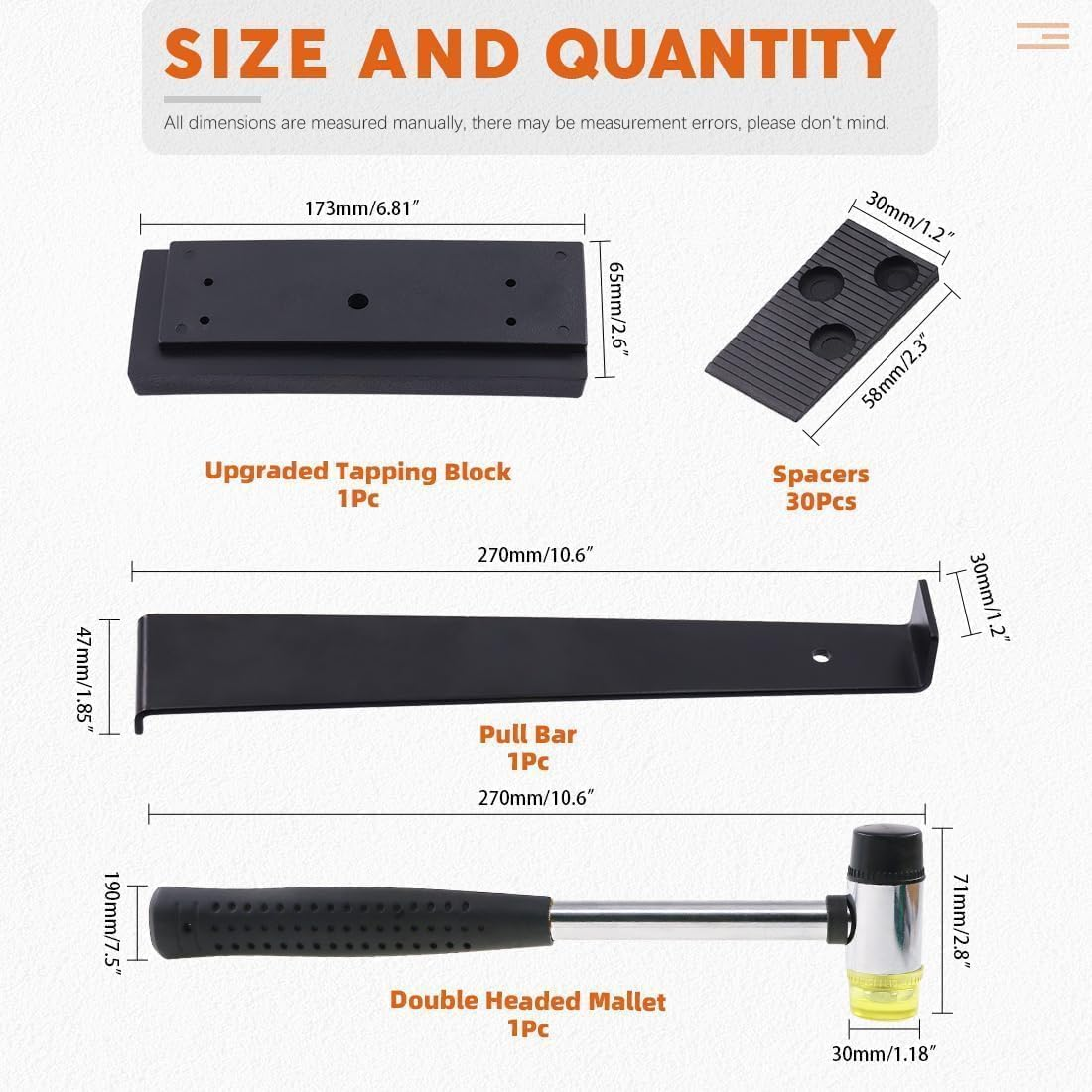 33Pcs Laminate Wood Flooring Installation Kit with Reinforced Double-Faced Mallet, Heavy Duty Pull Bar, Tapping Block and 30-Piece Spacers Included,Multicolor image number 1