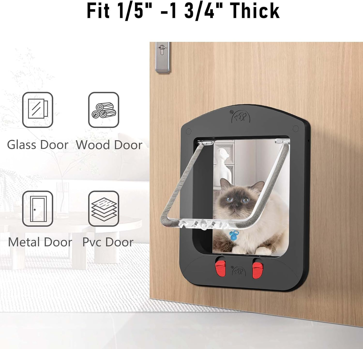 [ALUMANI] Cat Door for Interior Door and Exterior Door, 4 Way Locking with Magnetic Flap, Collar Activated Cat Door, 2Pcs of Cat Magnetic Collars, Black image number 4